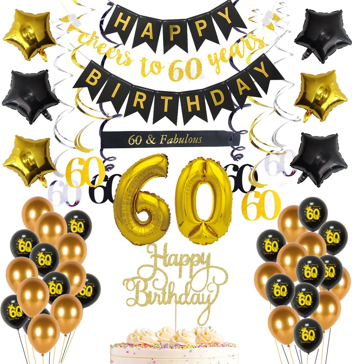 60 jaar verjaardag versiering - happy birthday slinger - compleet met ballonnen - grote 60 ballon - folie sterren - 60 jaar verjaardag slinger - gouden zwarte decoratie verjaardag decoratie