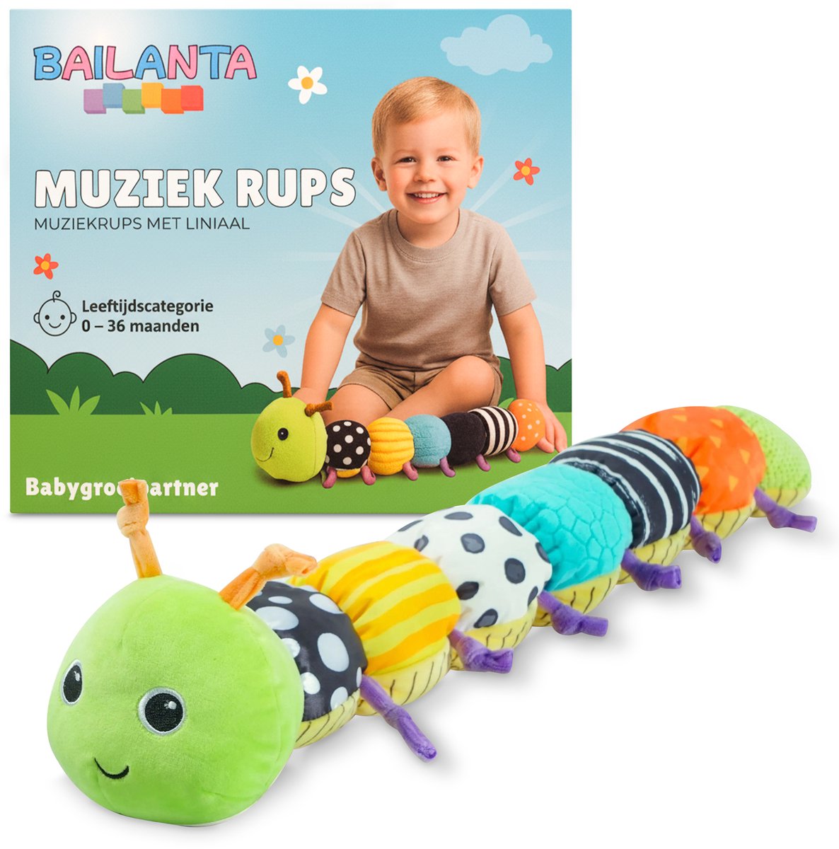 Bailanta® Buikligtrainer - Baby Rups Knuffel – Muzikaal Sensorisch Speelgoed – Met Knisperpapier & Liniaal – Voor Tummy Time & Motoriekontwikkeling
