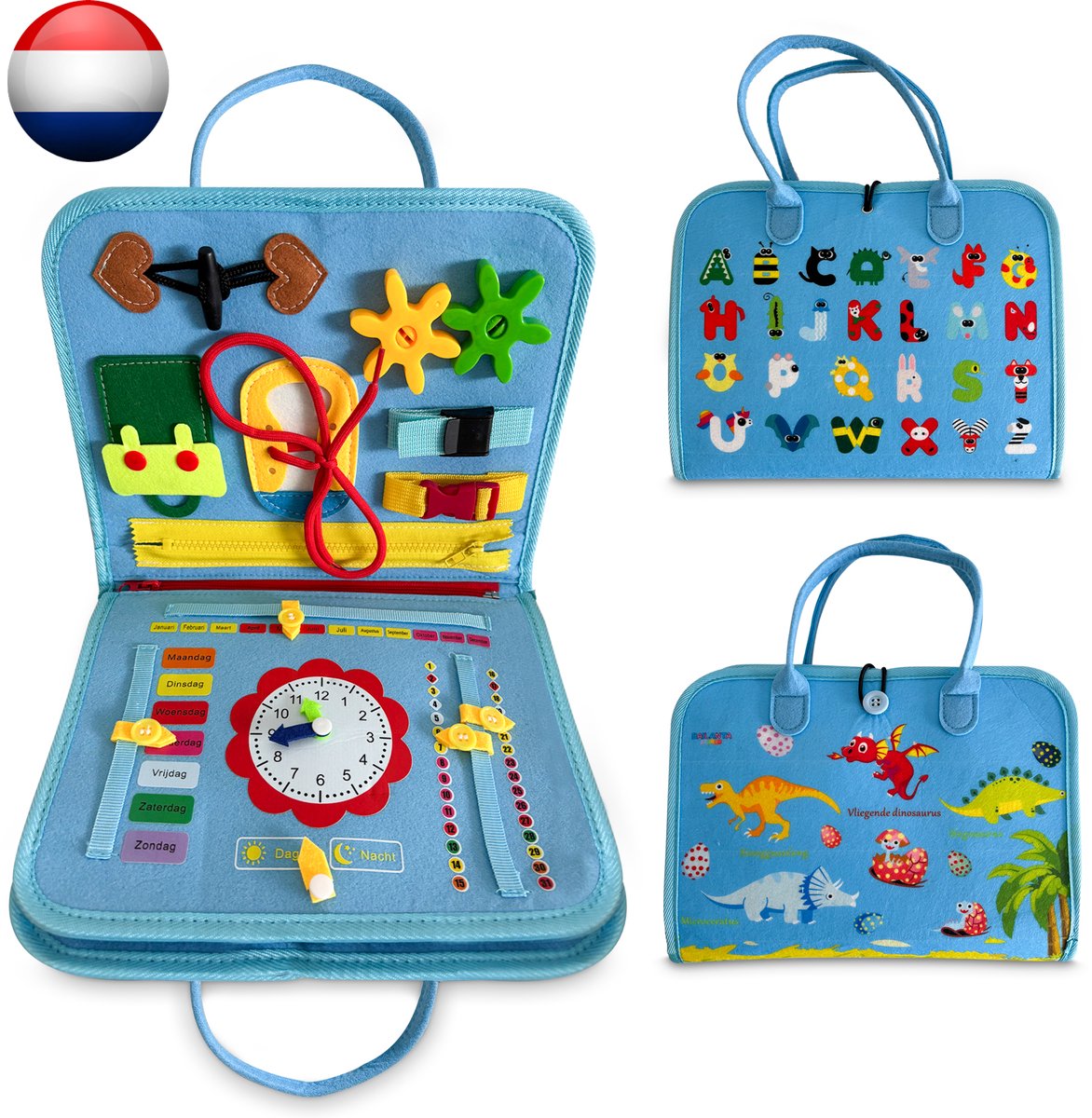 Bailanta® Busy Board - Nederlands - Montessori Activiteitenboek - Klok Lezen - Educatief Speelgoed Peuter - Motoriekmap voor Thuis en Onderweg - 21 Spelletjes - Babyblauw