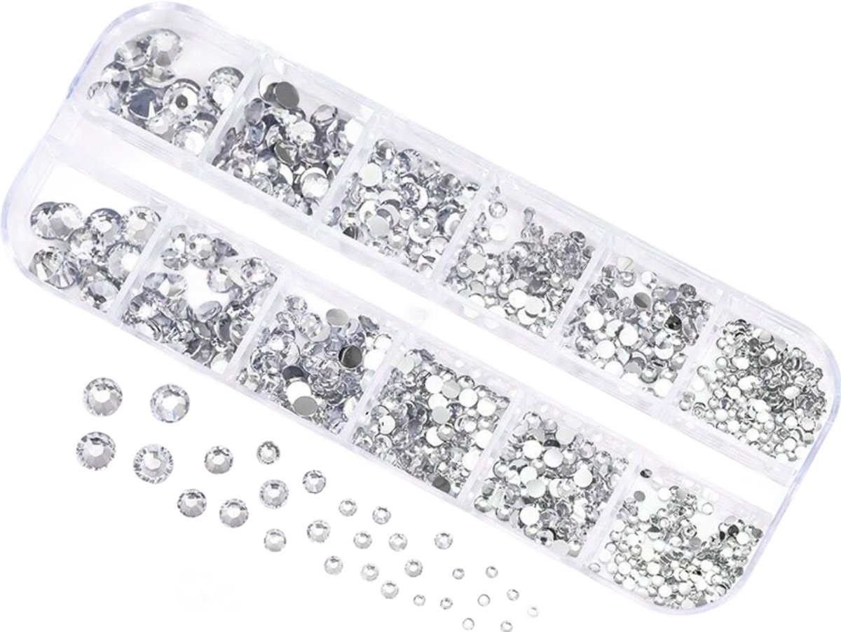 BamBella® zilver kleurig - Steentjes in doos - Rhinestones set tools set steentjes plak glitter steen doosje Nail art knutselen naaien