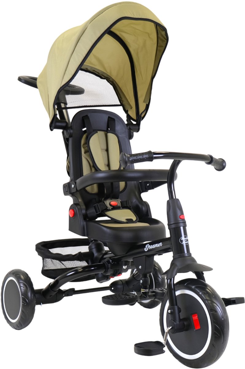     met Duwstang Dreamer Retro Groen vanaf 1 Jaar - Metalen Zwarte   - Verstelbare Duwstang - Draaibare Zitting met Ligstand - Afneembare en Verstelbare Onderdelen - Veiligheidsriem