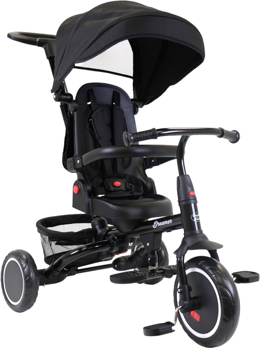 Bandits & Angels Driewieler met Duwstang Dreamer Zwart vanaf 1 Jaar - Metalen Zwarte Driewieler - Verstelbare Duwstang - Draaibare Zitting met Ligstand - Afneembare en Verstelbare Onderdelen - Veiligheidsriem