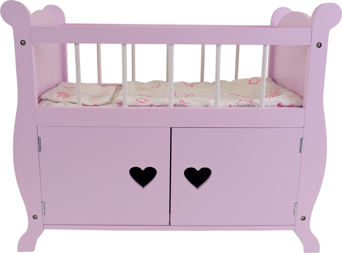   Houten Poppenbedje Sweetheart met Kastje Roze - Poppenbed Hout - Geschikt voor Pop tot 46 cm - Inclusief Dekentje - Poppen Bed - Poppen Meubel