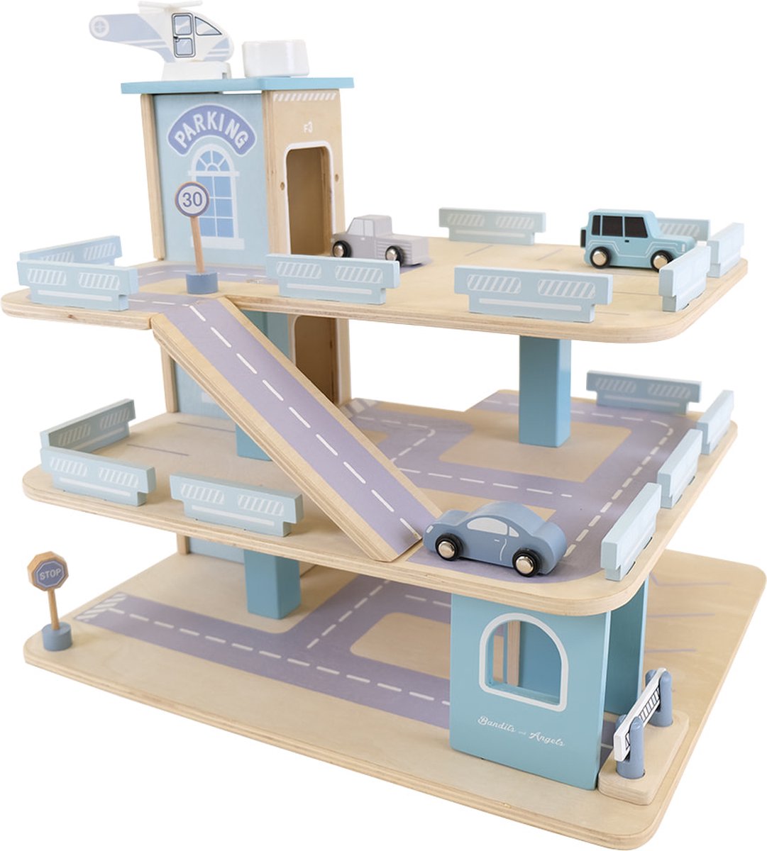   houten speelgoedgarage Bandits Parking Experience blauw