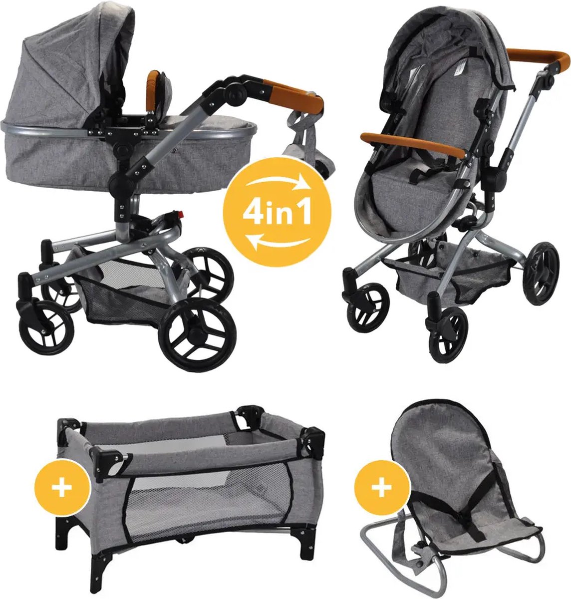 Bandits and Angels Modern Angel 4-in-1 Retro Grijs   vanaf 3 jaar voor Meisjes - Speelgoed Wandelwagen, Buggy, Poppenbedje en Wippertje - Zwenkwielen - met Luiertas - Retro Grey Poppen Wagen
