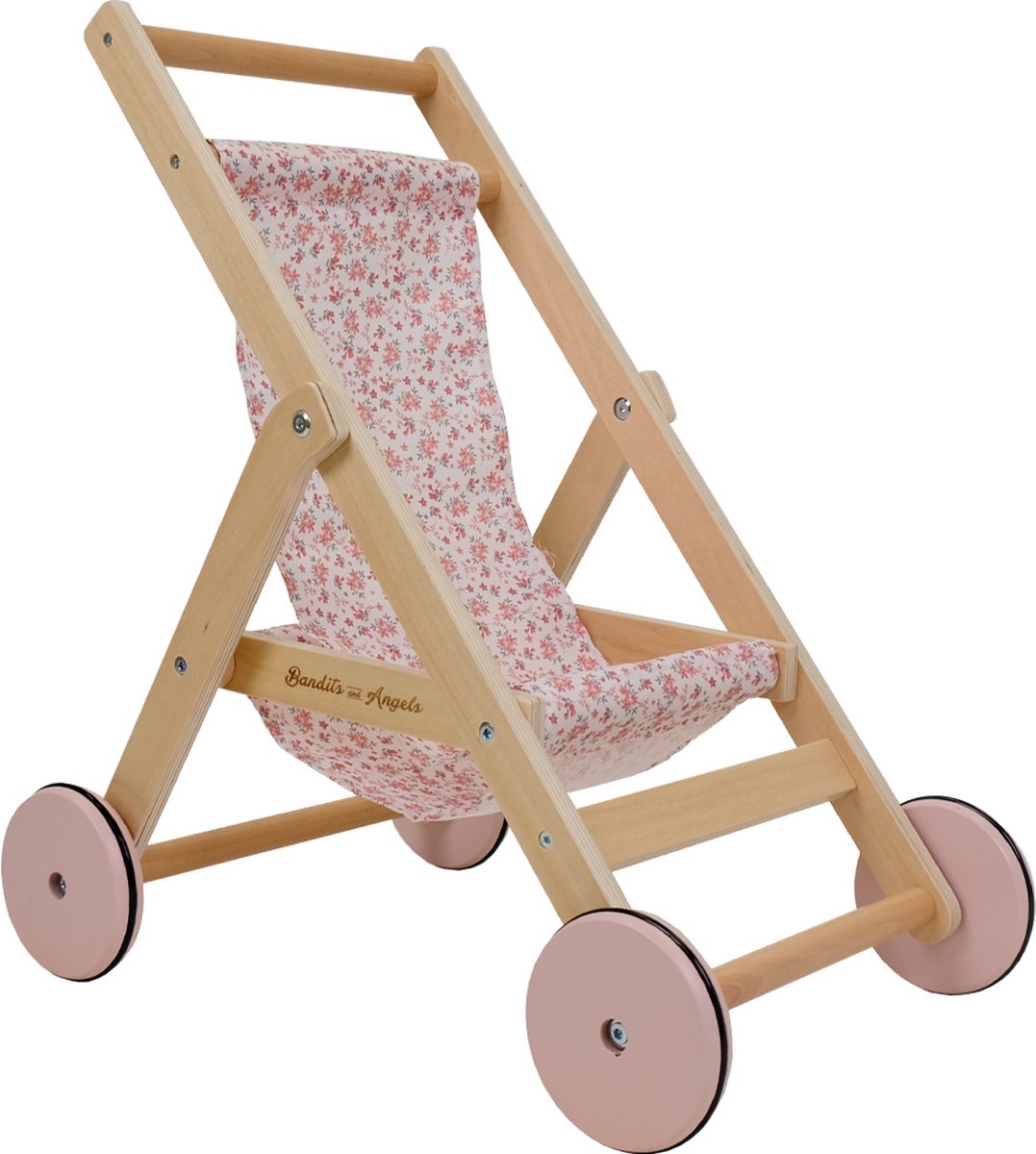 Bandits and Angels Roze Poppenbuggy Lovely Flowers van Hout met Bloemenprint - vanaf 2 Jaar - Houten Poppenwagen - voor Poppen van maximaal 50 cm - Poppen Wagen Roze - Poppen Buggy