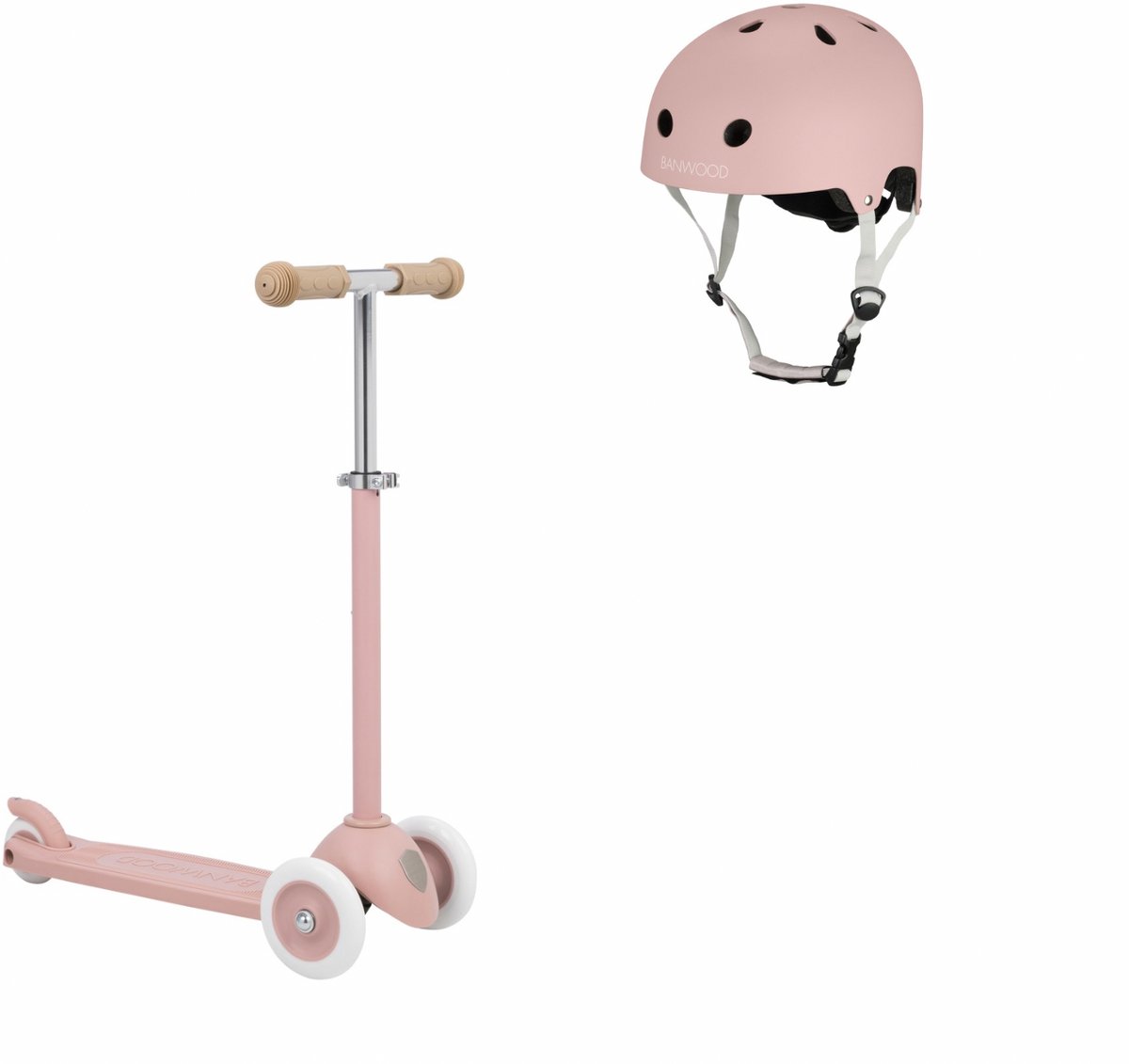 Banwood Eco Scooter + Eco Fietshelm - Dusty Rose - kinderstep - kinder helm - voordeelset