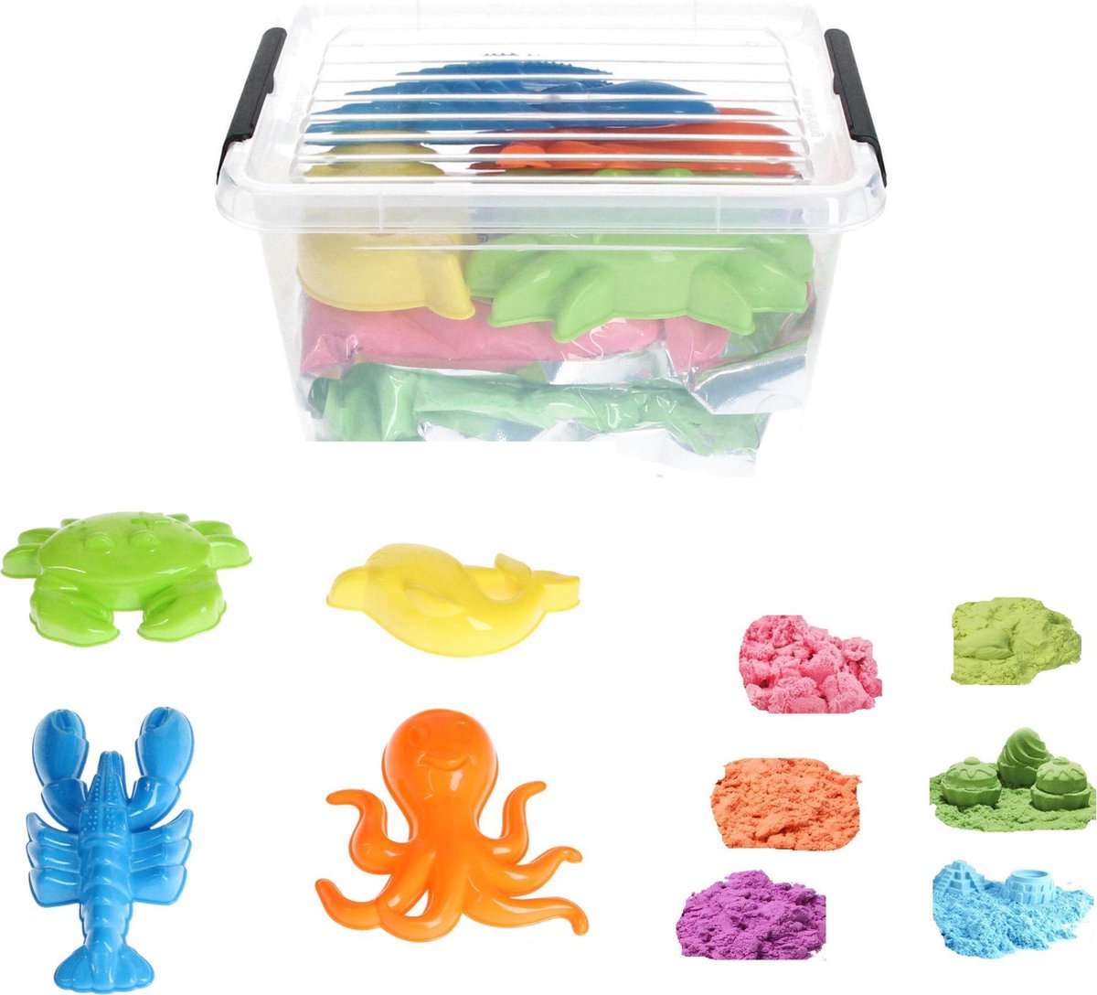   Speelzand 2x 500 Gram Modelleer   in Bak + 4 zeedieren mallen