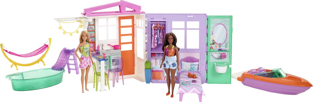 Barbie - zomerhuis met zwembad, boot en hangmat - gemakkelijk mee te nemen barbiehuis