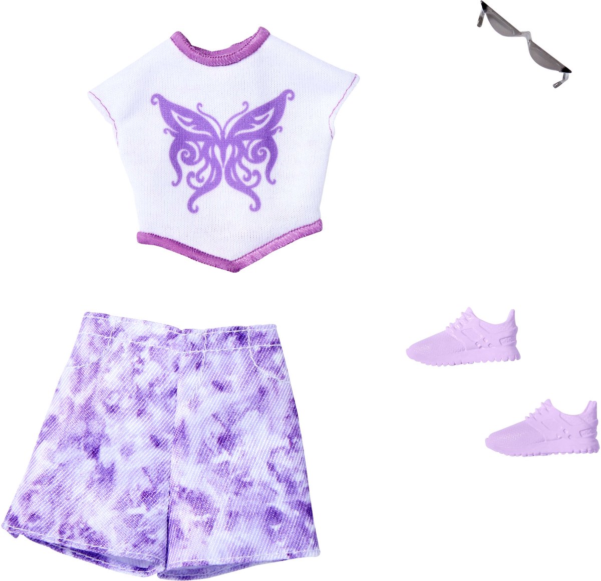 Barbie Kleding Outfit + Accessoires - Wit T-Shirt met Paarse Rok, Paarse Schoenen en Zonnebril