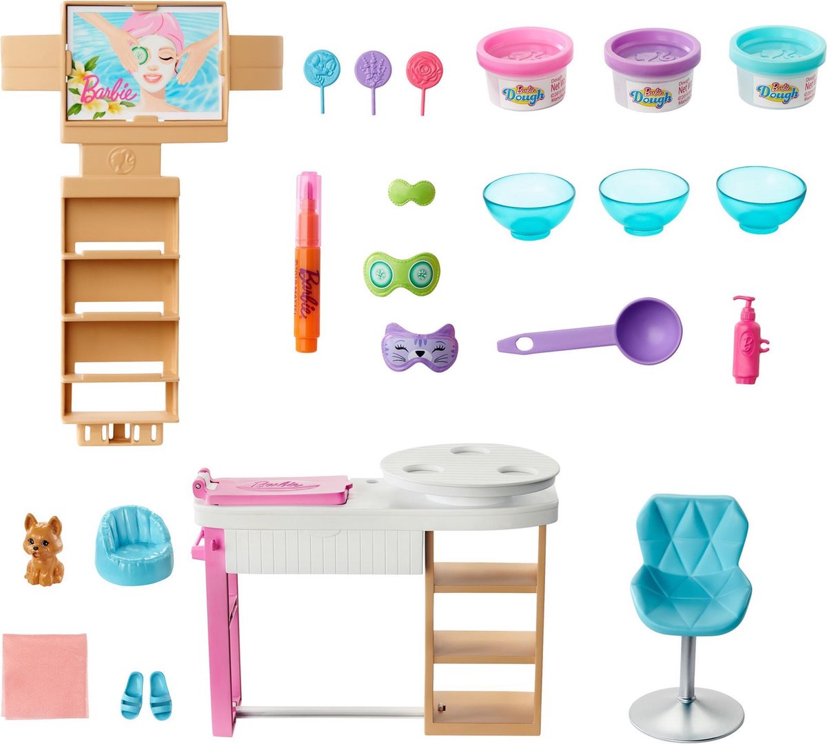 Barbie® Gezichtsmasker Spadagje Speelset, blonde Barbie pop, speelgoedvormen en -deeg