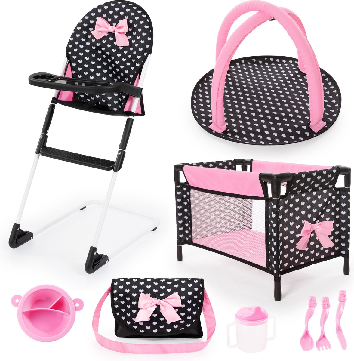   - Reisset 9 in 1 met bed en kinderstoel in zwart, wit/roze