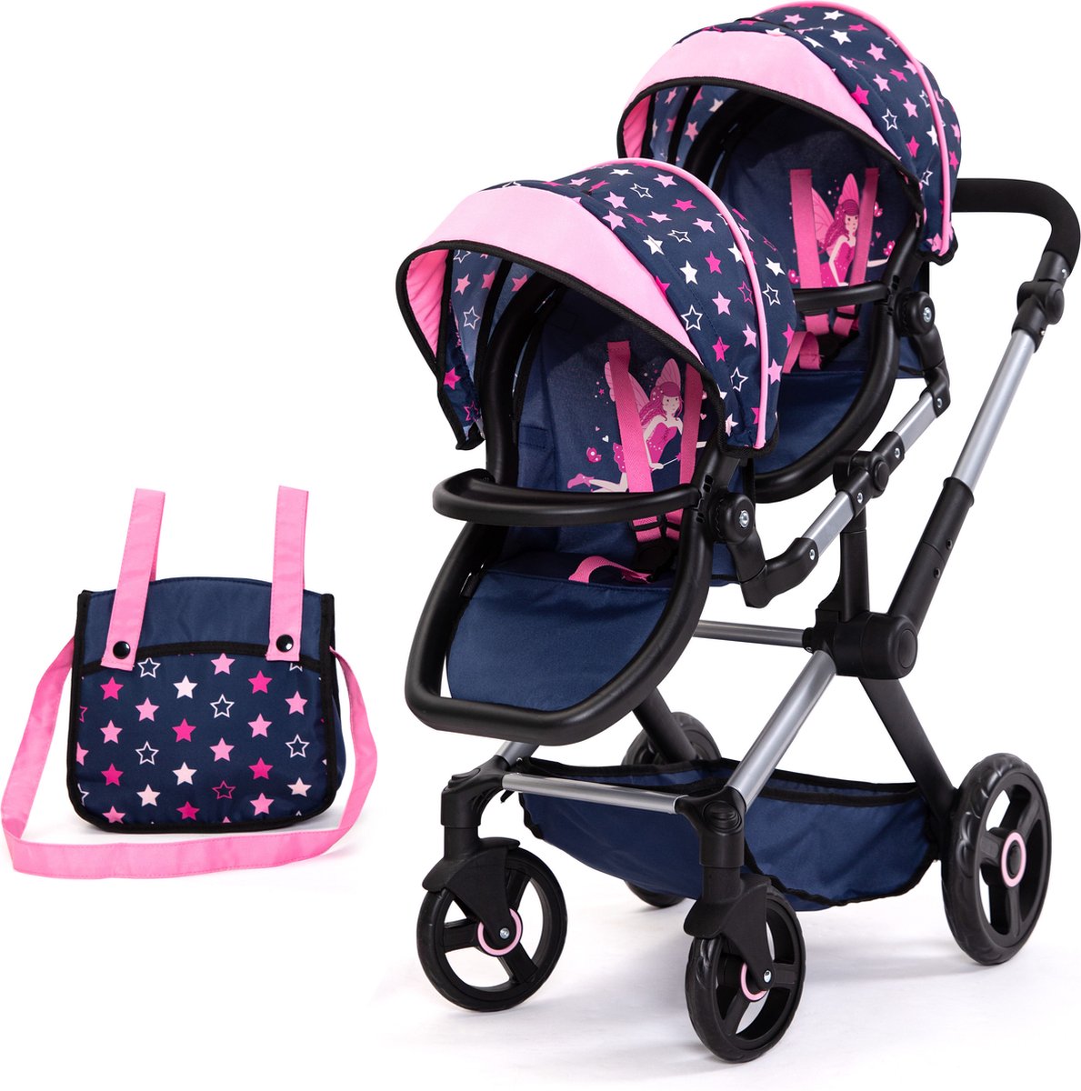 Bayer Design - Tweeling poppenwagen Twin Xeo, wagen, verstelbare handgreep, tas, blauw, roze, sterren