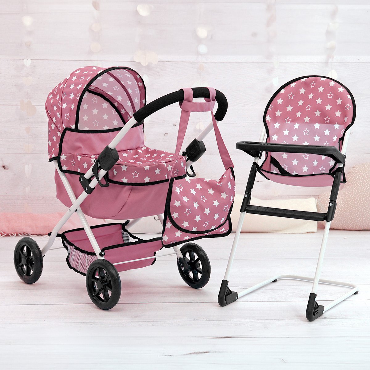 Bayer Design Cosy Poppenwagen set, opvouwbaar, zachte handgreep, met kinderstoel, tas, roze