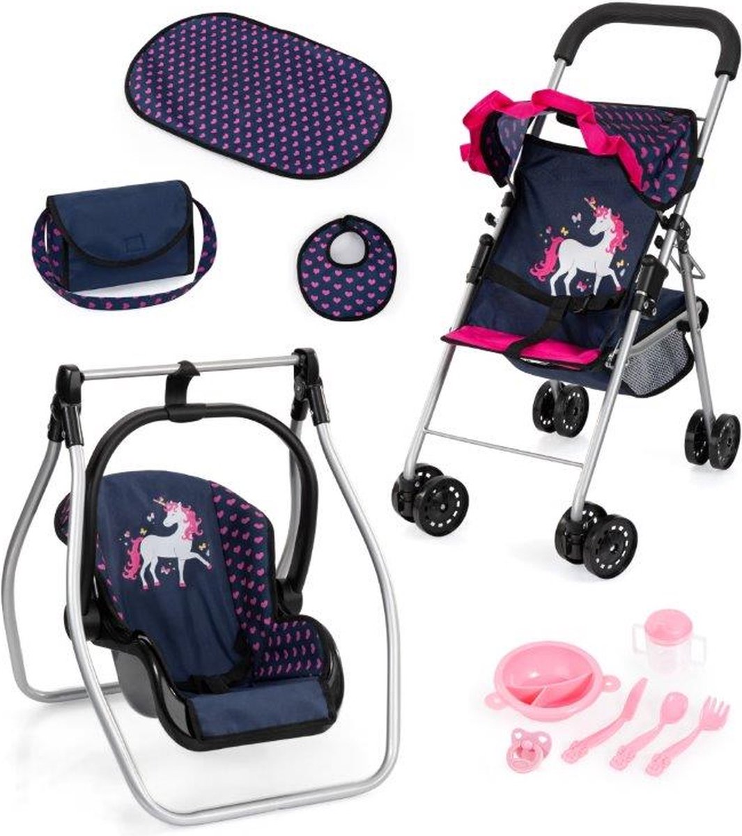   Opvouwbare poppenbuggy, poppenwagen, dubbele wielen, tas, aankleedkussen, wieg, accessoires