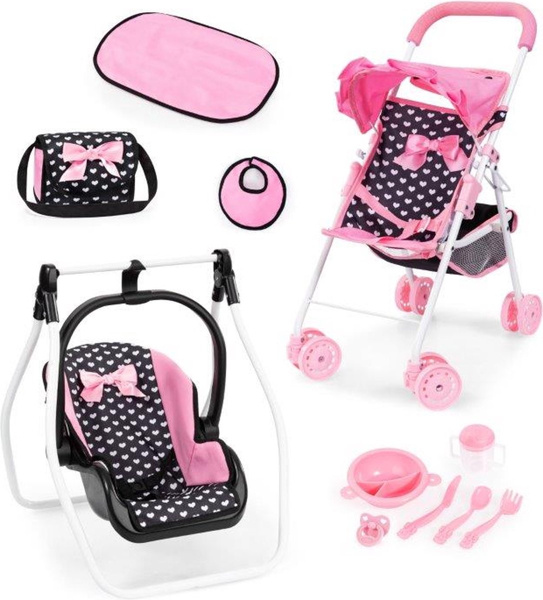   Opvouwbare poppenbuggy, poppenwagen, dubbele wielen, tas, aankleedkussen, wieg, accessoires