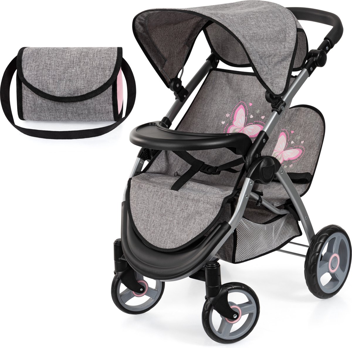   Tweeling poppenwagen Twin Xeo, dubbele poppenwagen, verstelbare duwstang, tas in jeans-grijs, roze