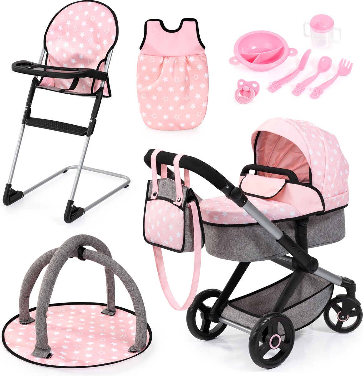 Bayer Design XEO poppenwagenset, met tas, kinderstoel, slaapzak, speelboog, poppenaccessoires, in roze/grijs