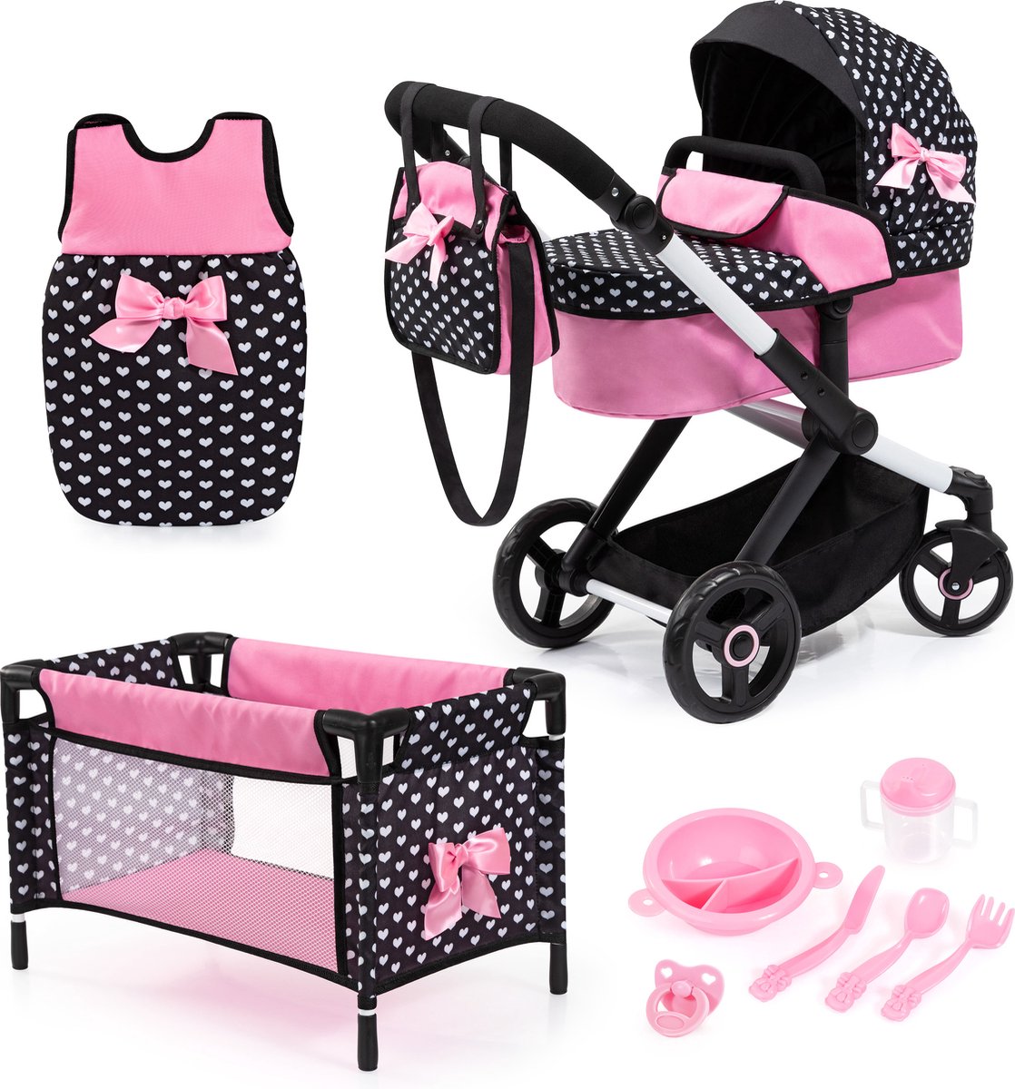   XEO poppenwagenset, verstelbare duwstang, om te bouwen tot jogger, tas, bed, poppenaccessoires, in zwart/wit/roze