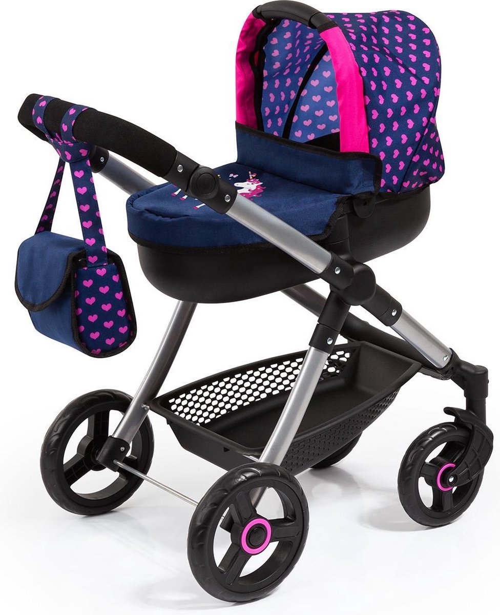 Bayer Poppenwagen Pram Donkerblauw Hartjes Eenhoorn