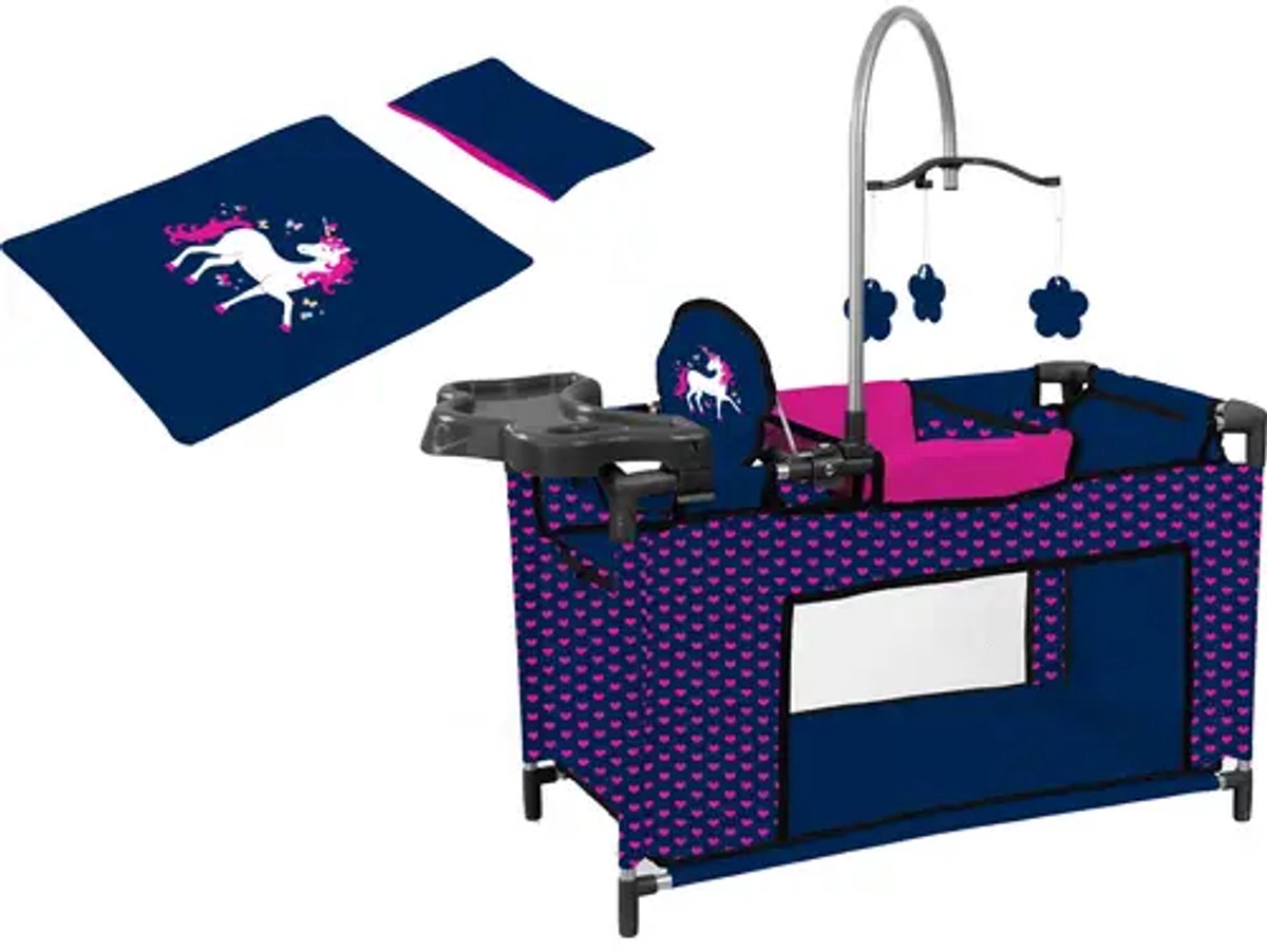   Multi Poppenbed blauw met roze hart en eenhoorn