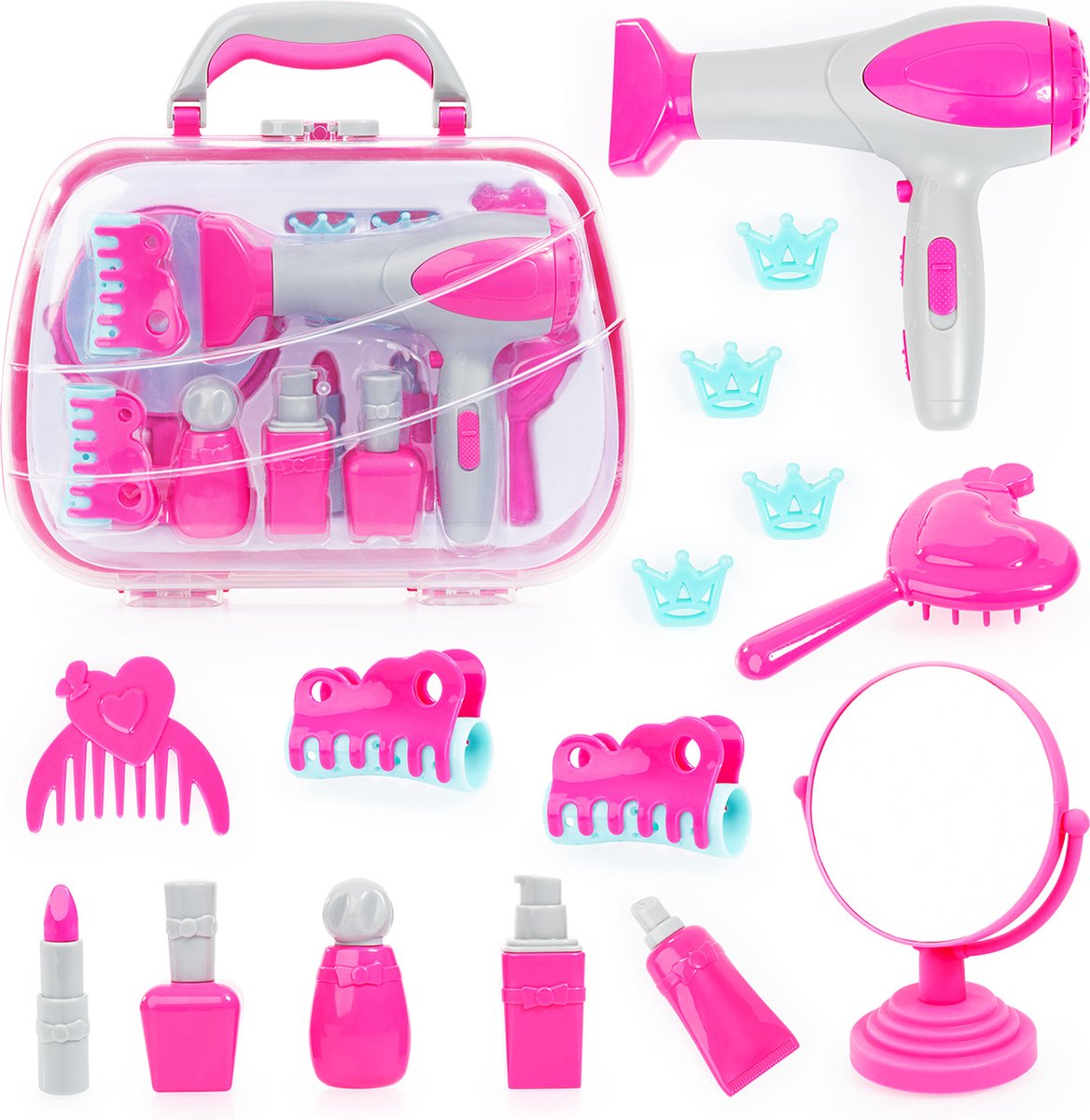 Beautycase met haardroger (föhngeluiden),  haaraccessoires, spiegeltje en plastic flesjes