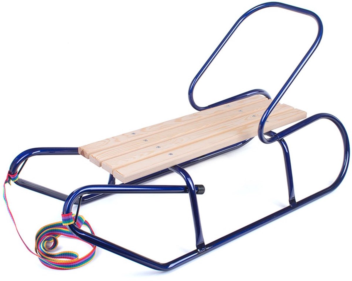 Bayo - metalen slee 87 cm blauw met rugleuning en trekkoord - klassieke kinderslee met houten zitting - afneembare rugsteun - draagkracht 80 kg - compact en lichtgewicht