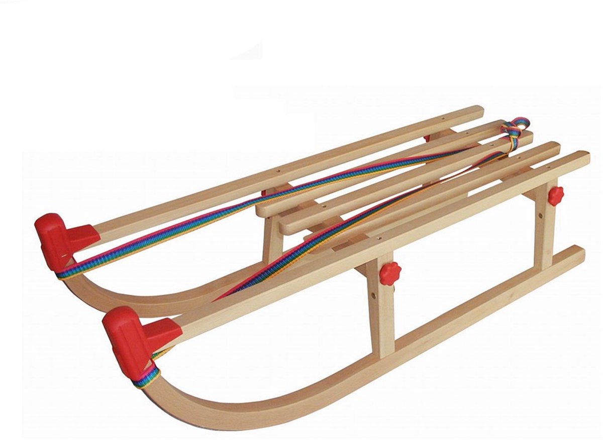   - opvouwbare houten slee 100 cm - beukenhouten slee met trekkoord - inklapbare slee met stalen glijders - compacte slee met CE en TÜV keurmerk