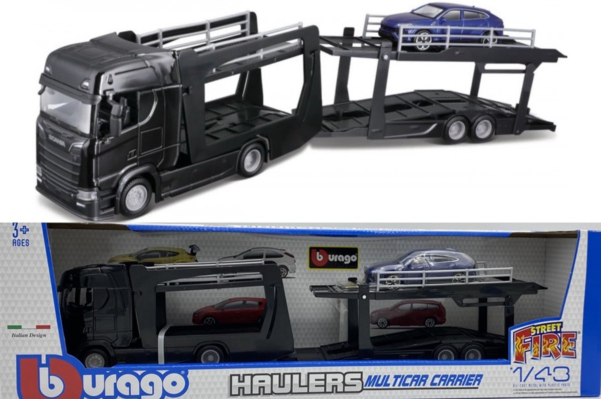 Scania 770 S vrachtwagen met aanhanger Lamborghini Urus Bburago 1:43