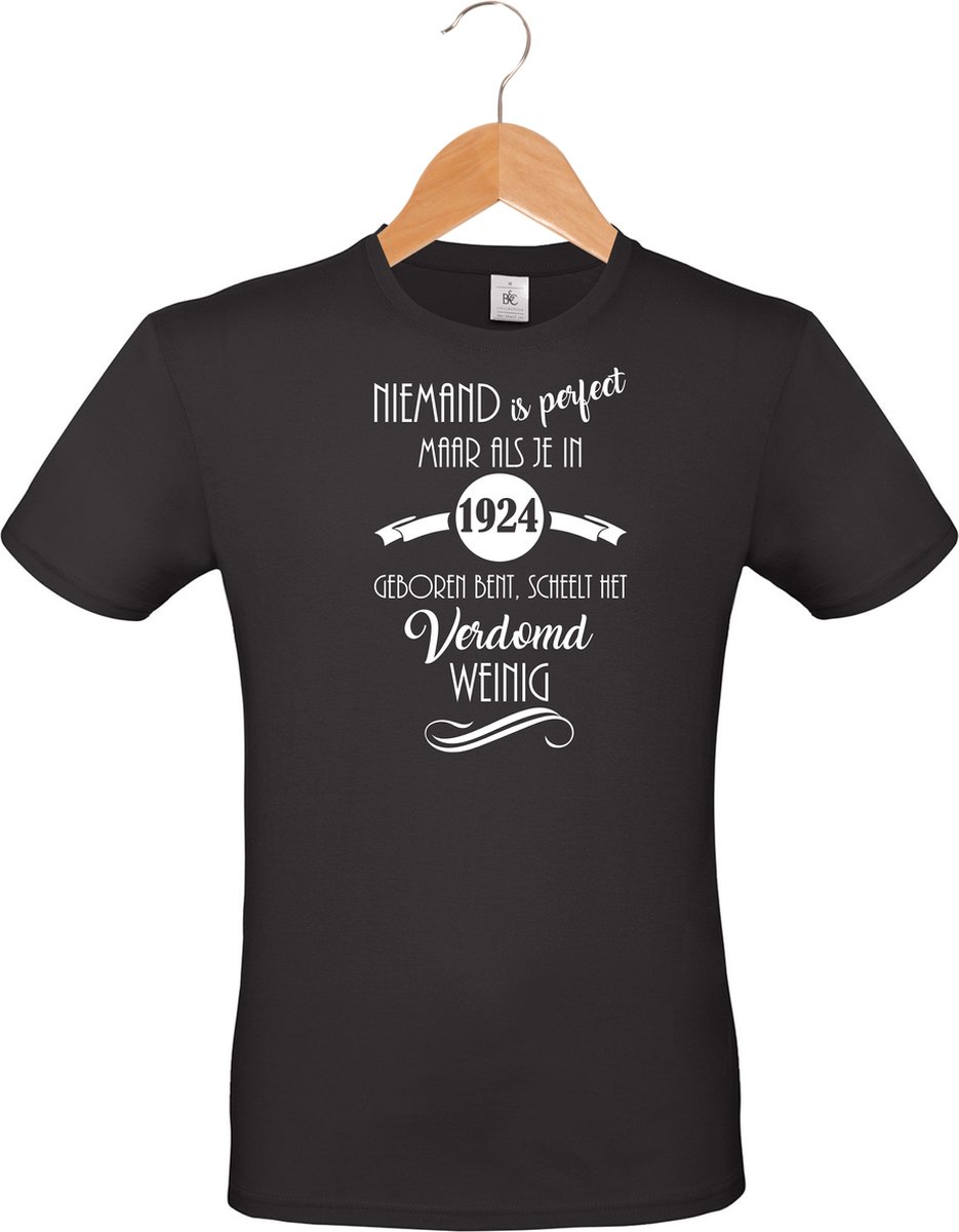 mijncadeautje - unisex T-shirt - zwart - Niemand is perfect - geboortejaar 1924 - maat L
