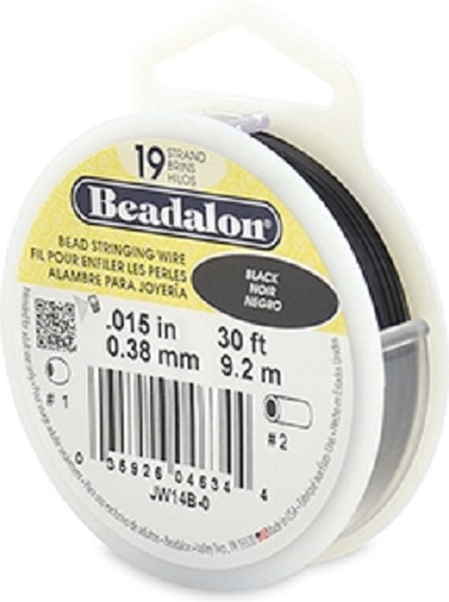 Beadalon® rijgdraad, 19 draads, Black, dikte 0.38mm. Per rol van 9,2 meter