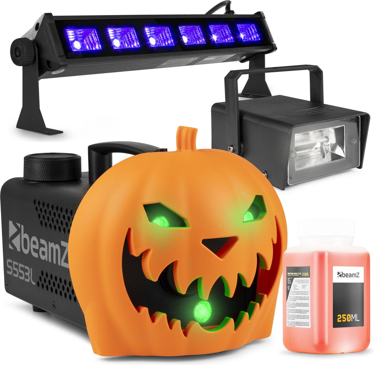   Halloween rookmachine partyset - Met opklikbare pompoen - UV LED bar, stroboscoop en lichteffecten