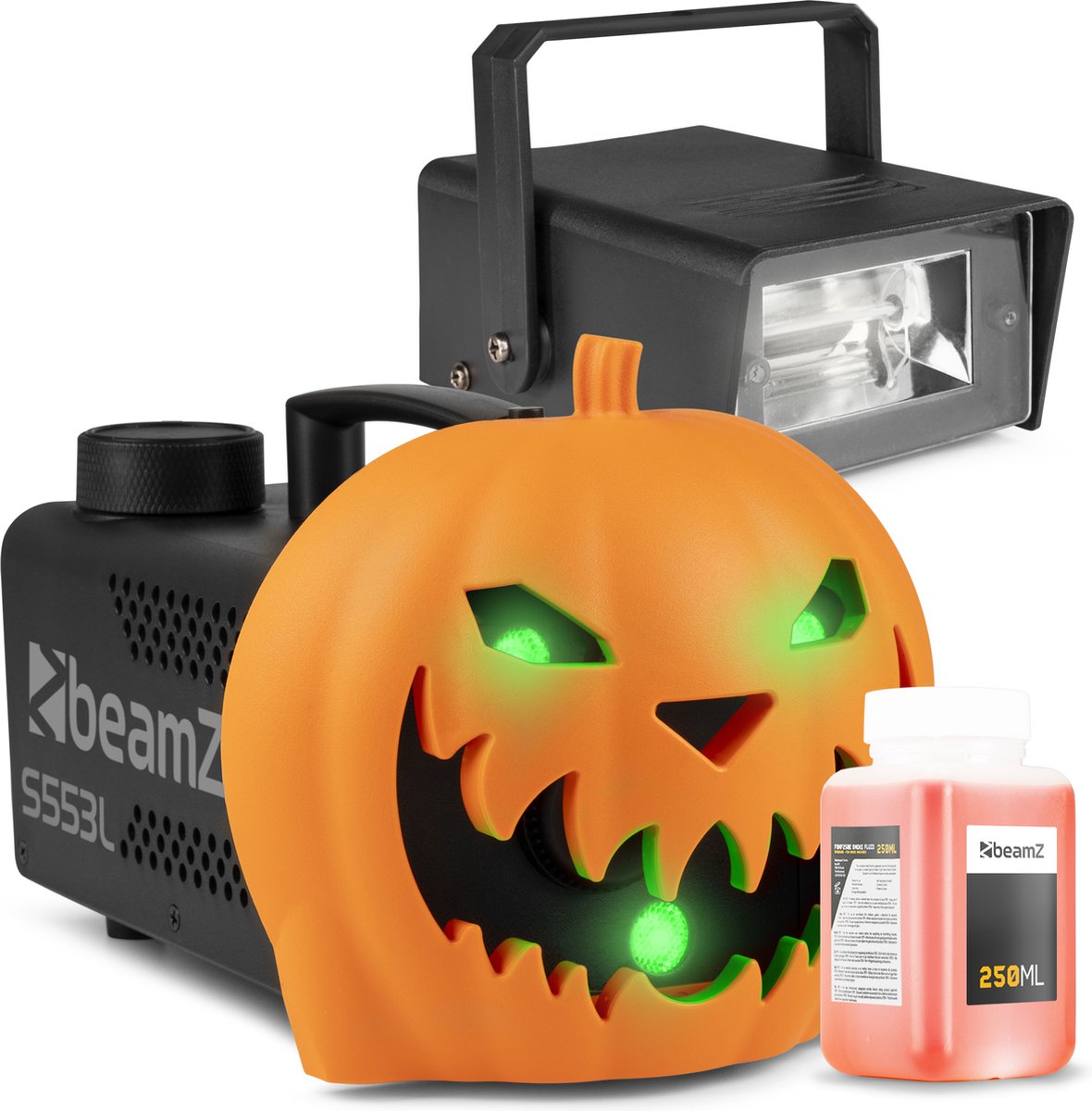   Halloween rookmachine partyset - Met opklikbare pompoen - stroboscoop en lichteffecten