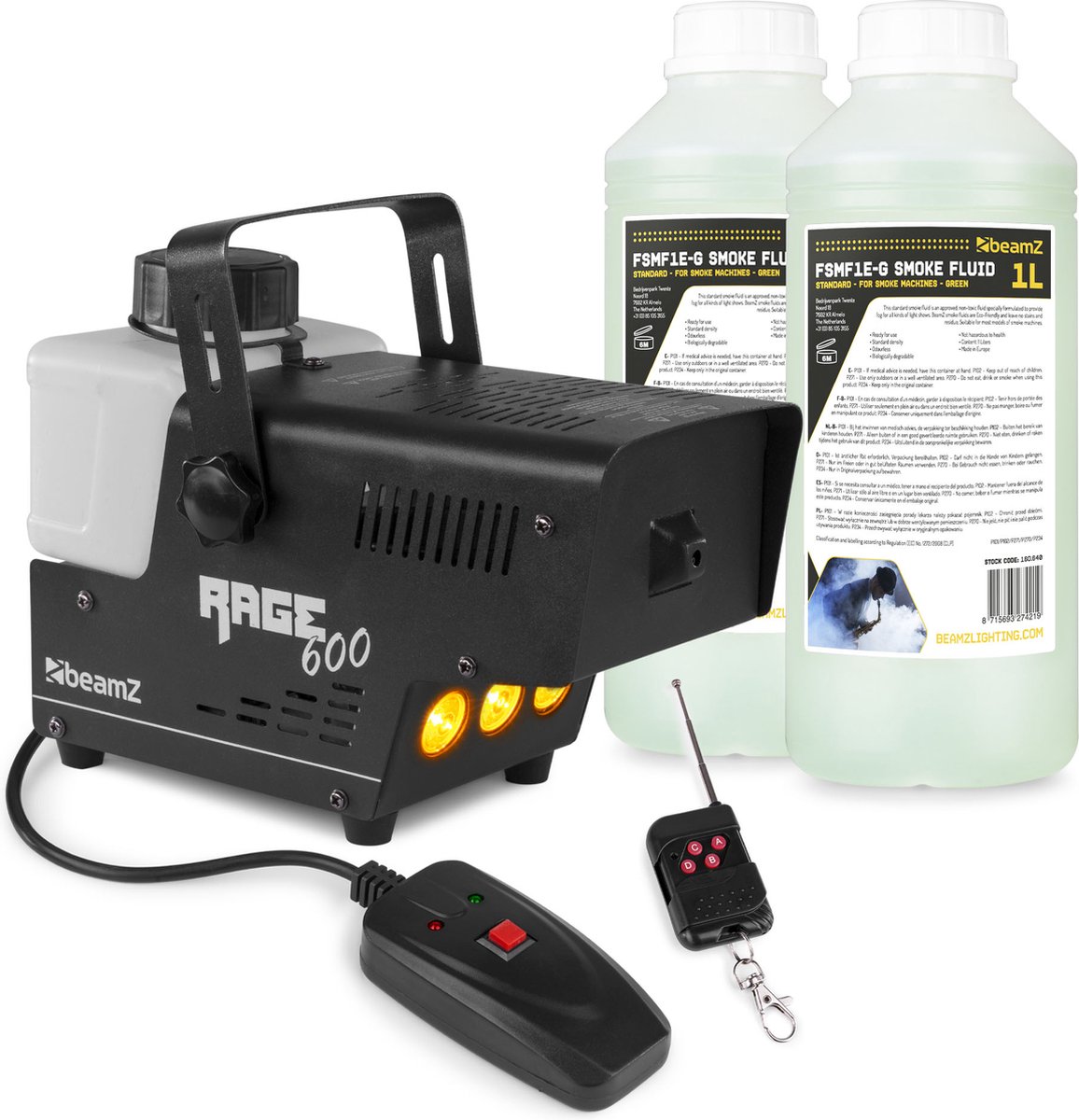   RAGE600LED rookmachine met 2 liter rookvloeistof en draadloze afstandsbediening - 600W