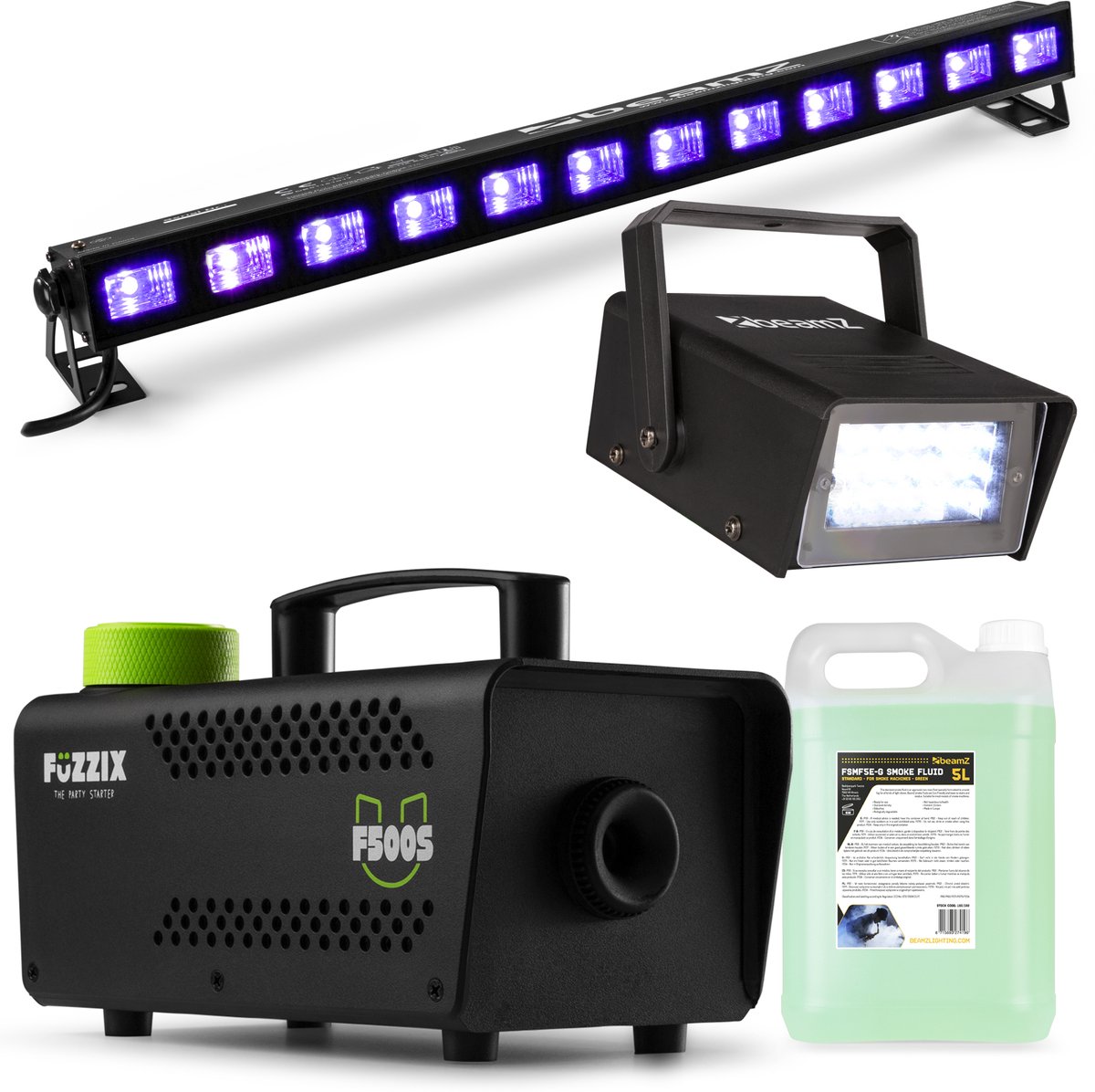   complete Halloween lichtset - Met stroboscoop, blacklight bar en rookmachine met 5L vloeistof