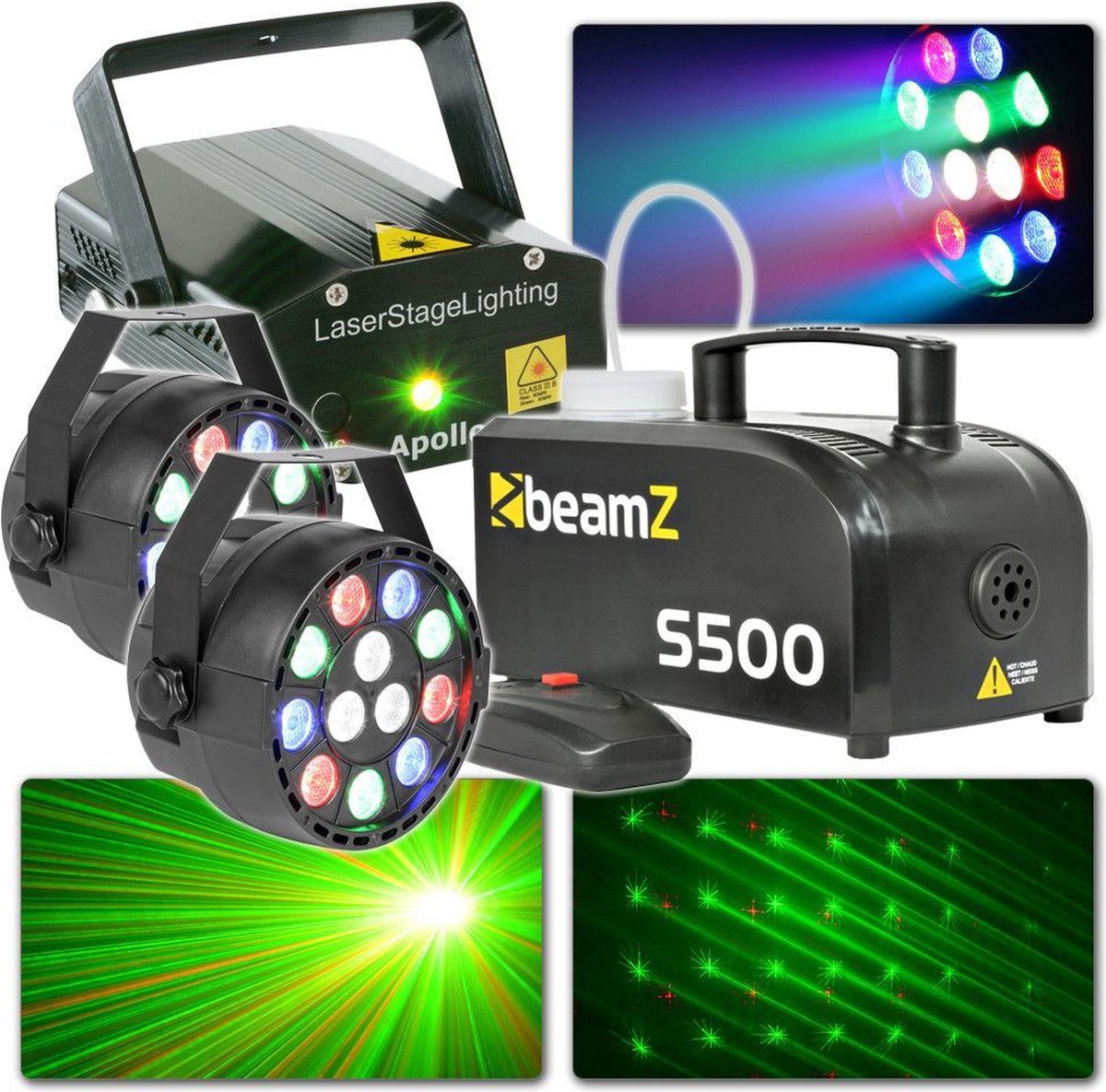   lichtset met Laser, PAR spots en 500W rookmachine
