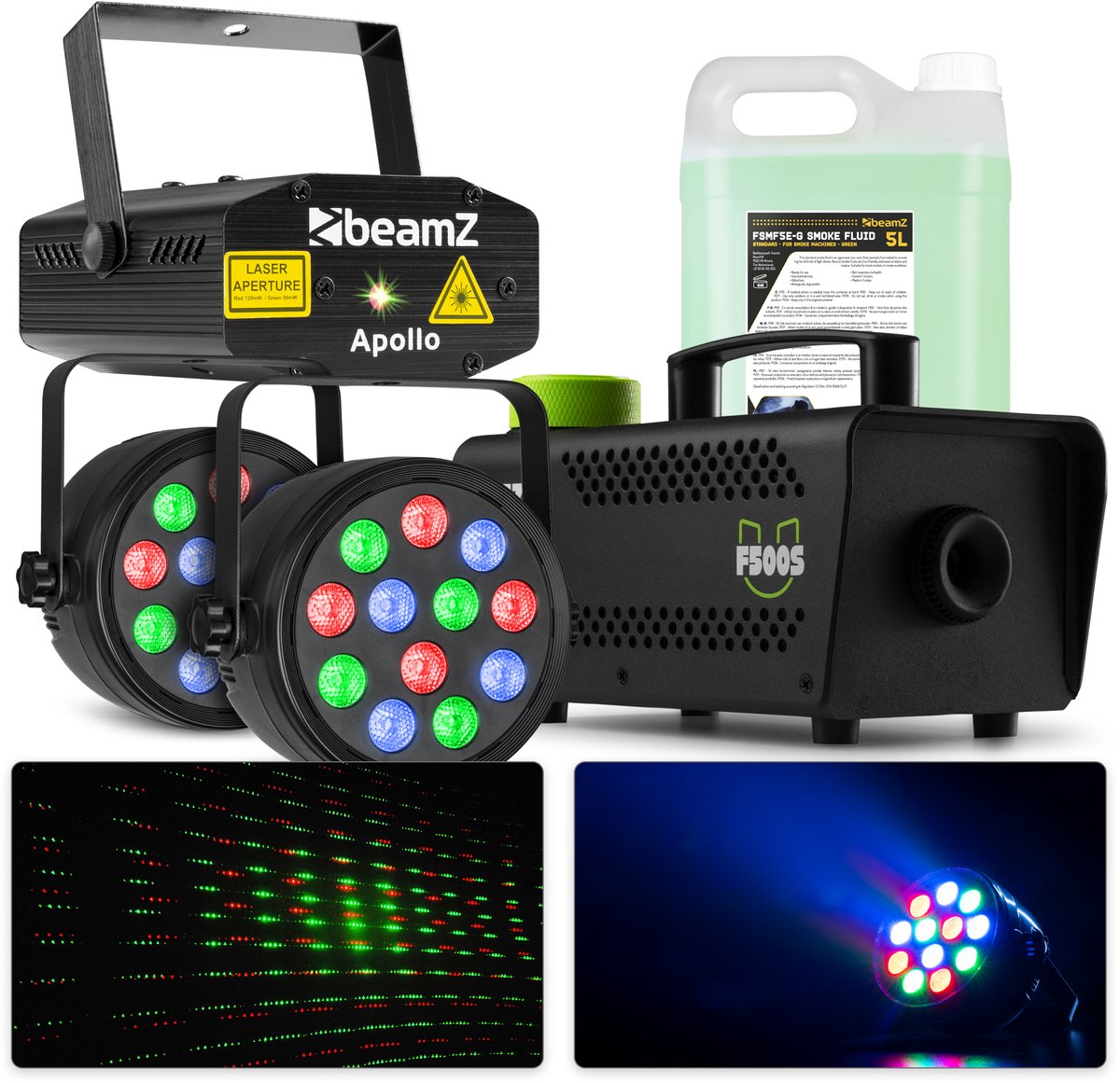   lichtset met laser, PAR spots en 500W rookmachine met 5 liter rookvloeistof