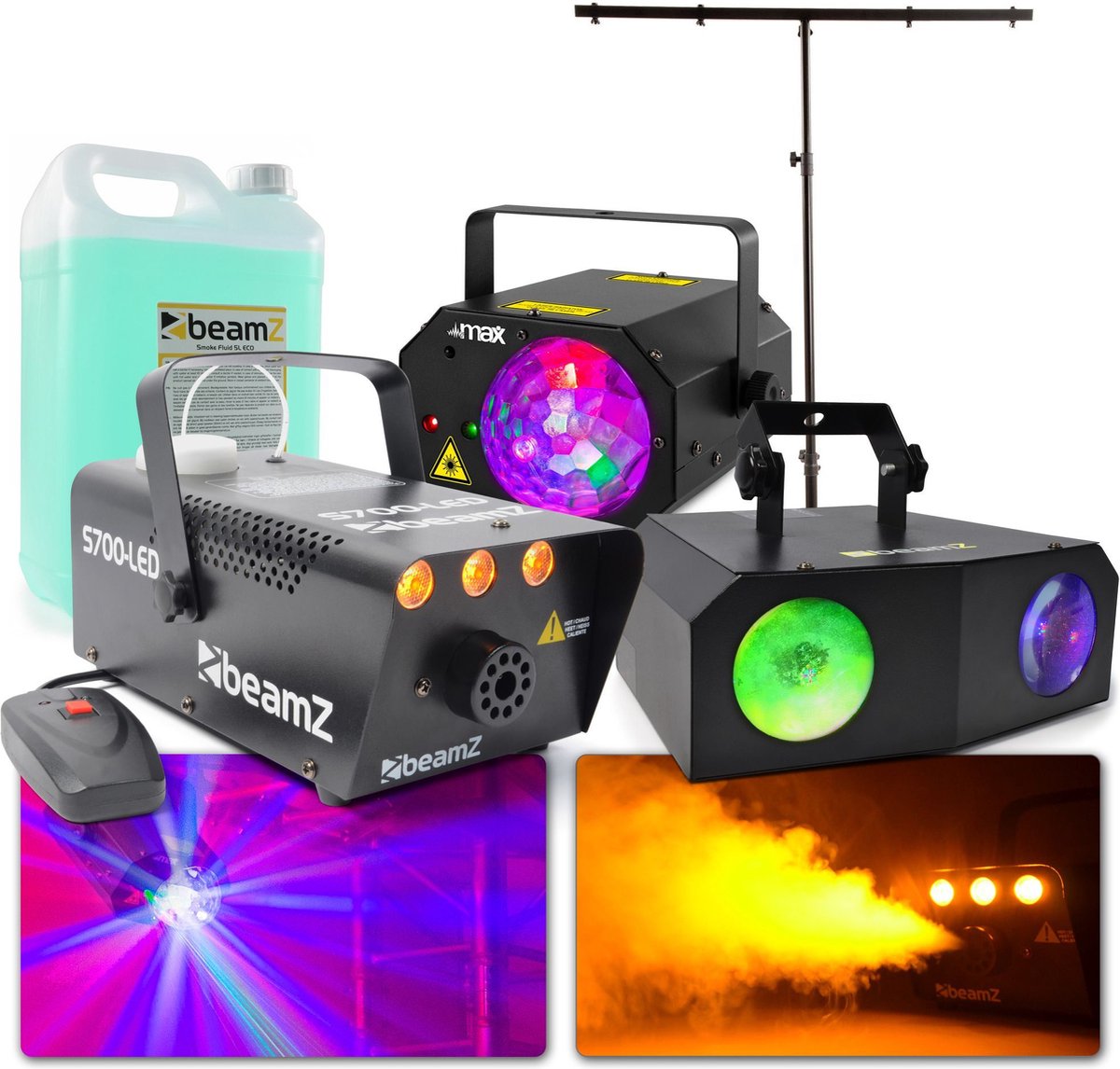 Feestverlichting -   Party pack XXL partyverlichting met laser, lichteffecten, rookmachine met rookvloeistof en lichtstandaard