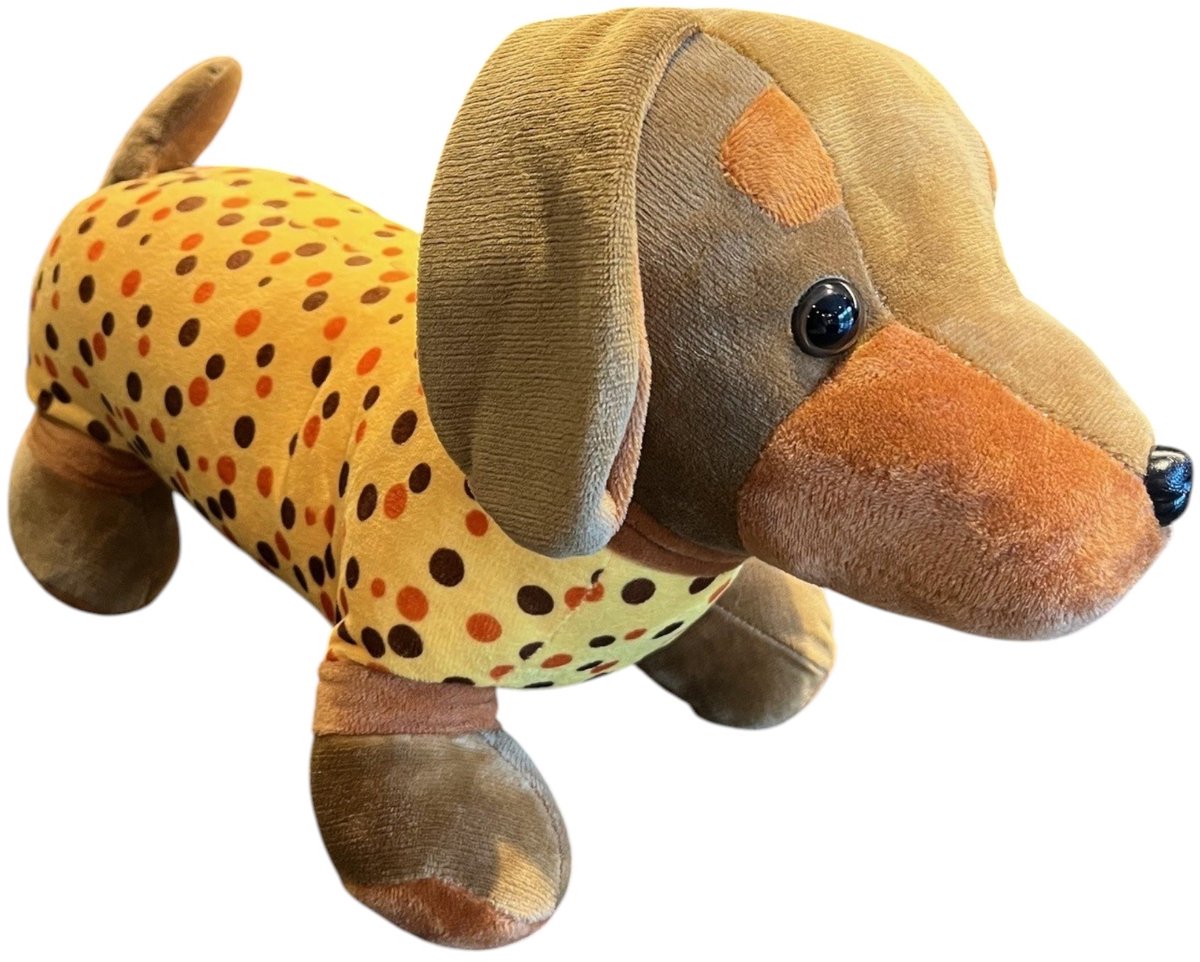 Teckel - Knuffel - Pluche - Pluche hond - Hond - Bruin - Geel - Teckel pyjama - Knuffeldier - Teckel knuffel - Pluche teckel - 40x26cm