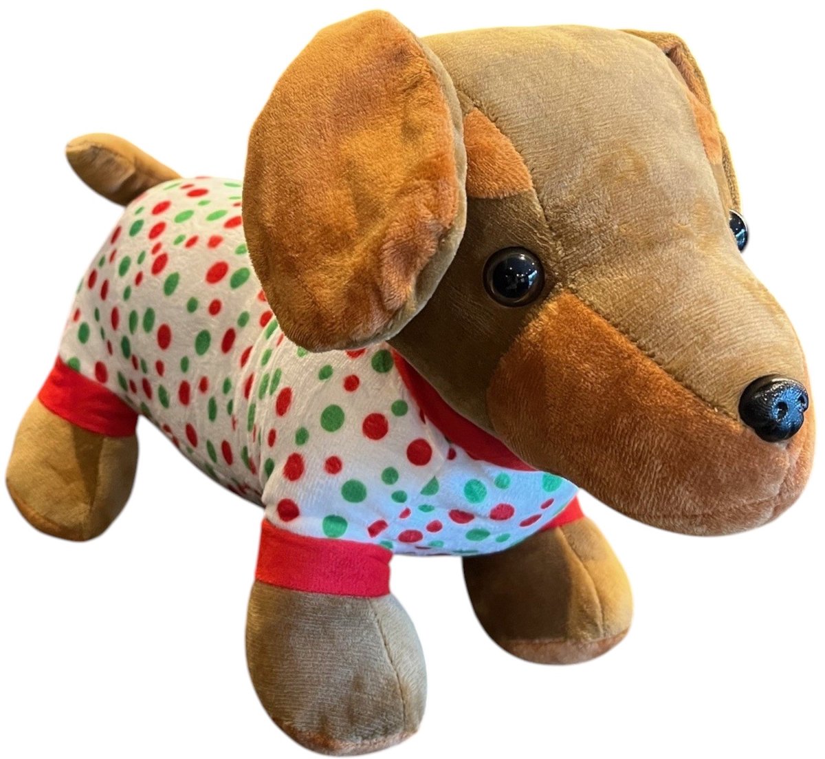Teckel - Knuffel - Pluche - Pluche hond - Hond - Bruin - Rood - Wit - Teckel pyjama - Knuffeldier - Teckel knuffel - Pluche teckel - 40x26cm