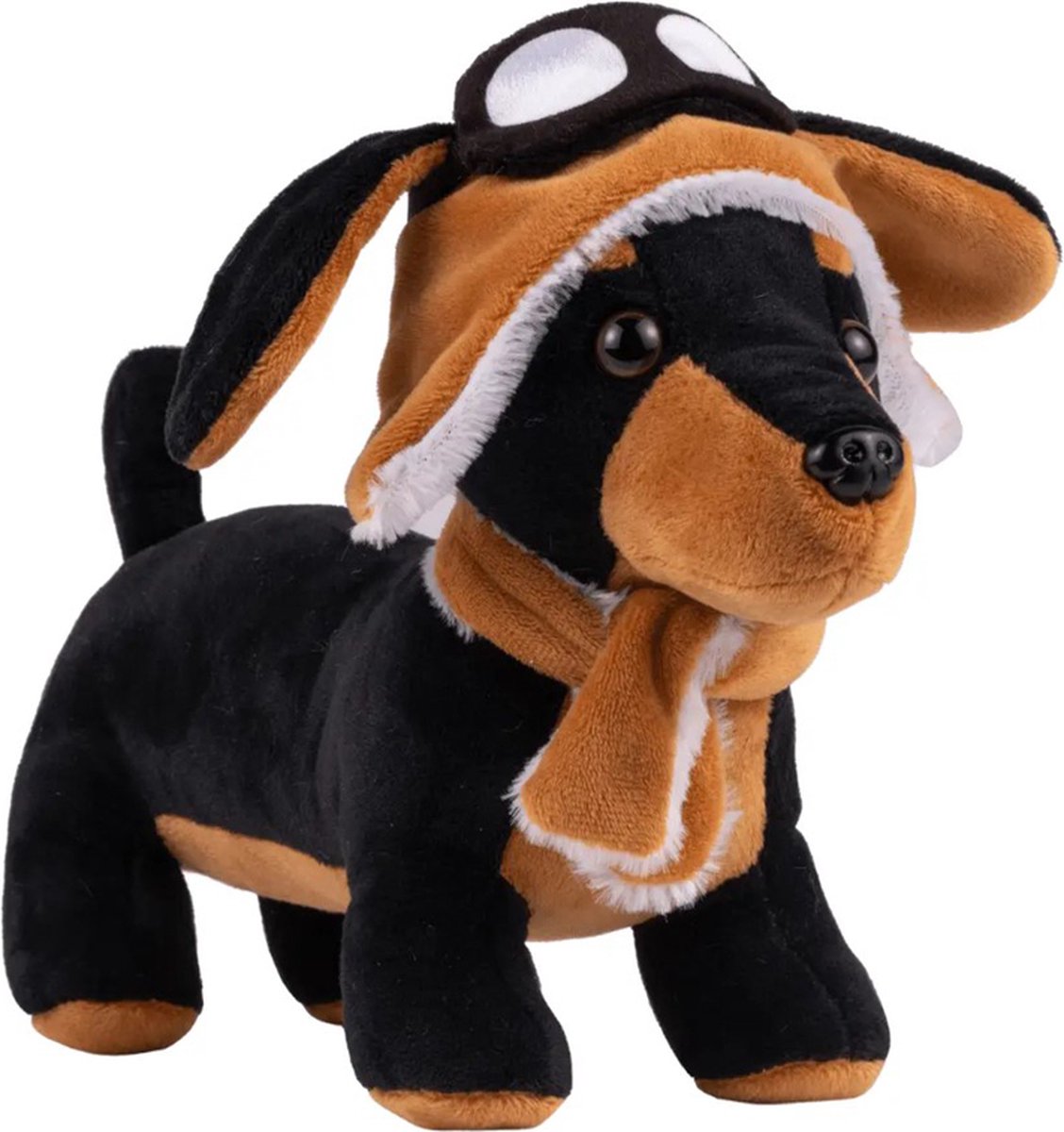 Teckel - Knuffel - Pluche - Pluche hond - Hond - Zwart - Bruin - Knuffeldier - Teckel knuffel - Teckel met sjaal en bril - 35cm lang