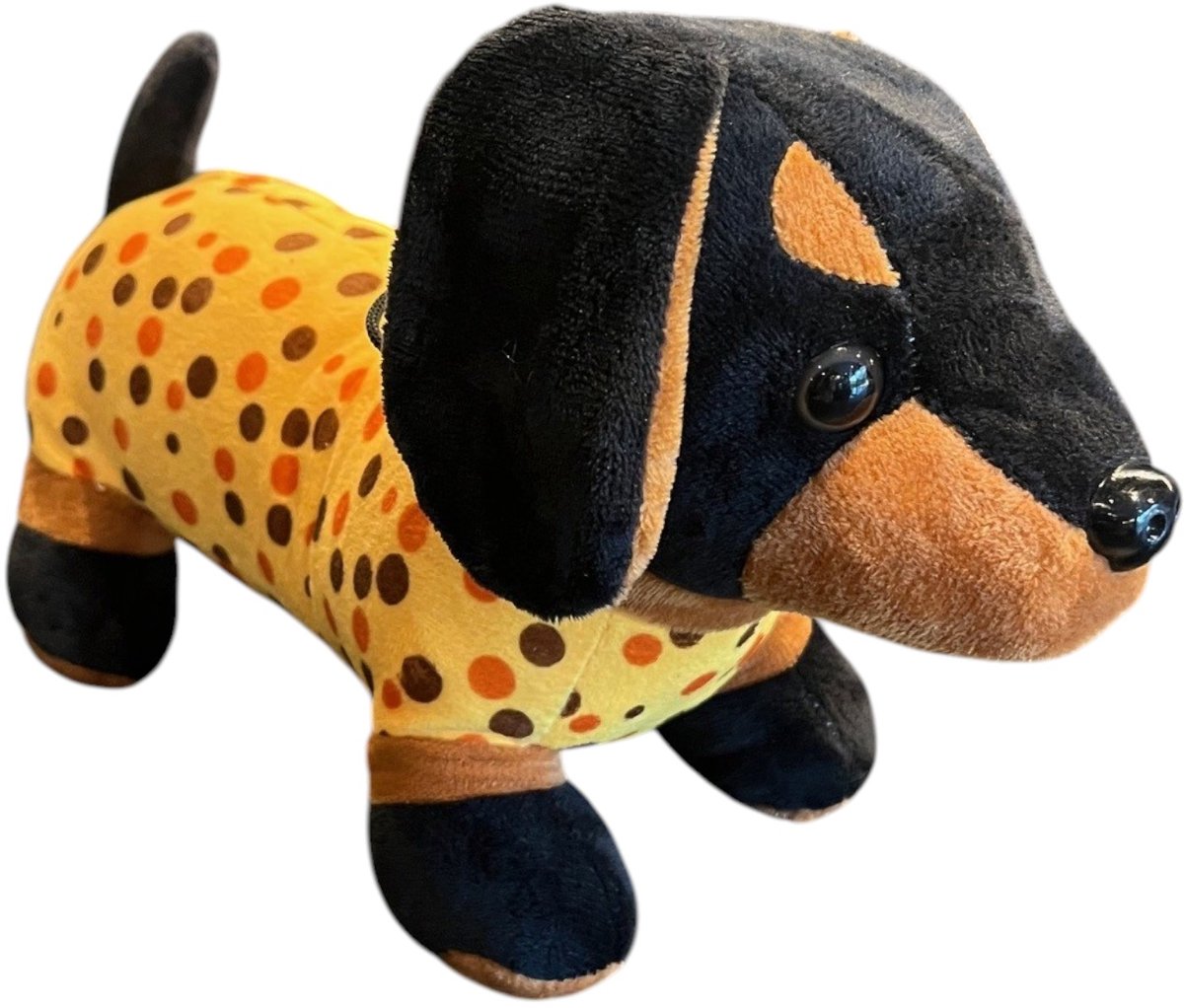 Teckel - Knuffel - Pluche - Pluche hond - Hond - Zwart - Geel - Teckel pyjama - Knuffeldier - Teckel knuffel - Pluche teckel - 30x17cm