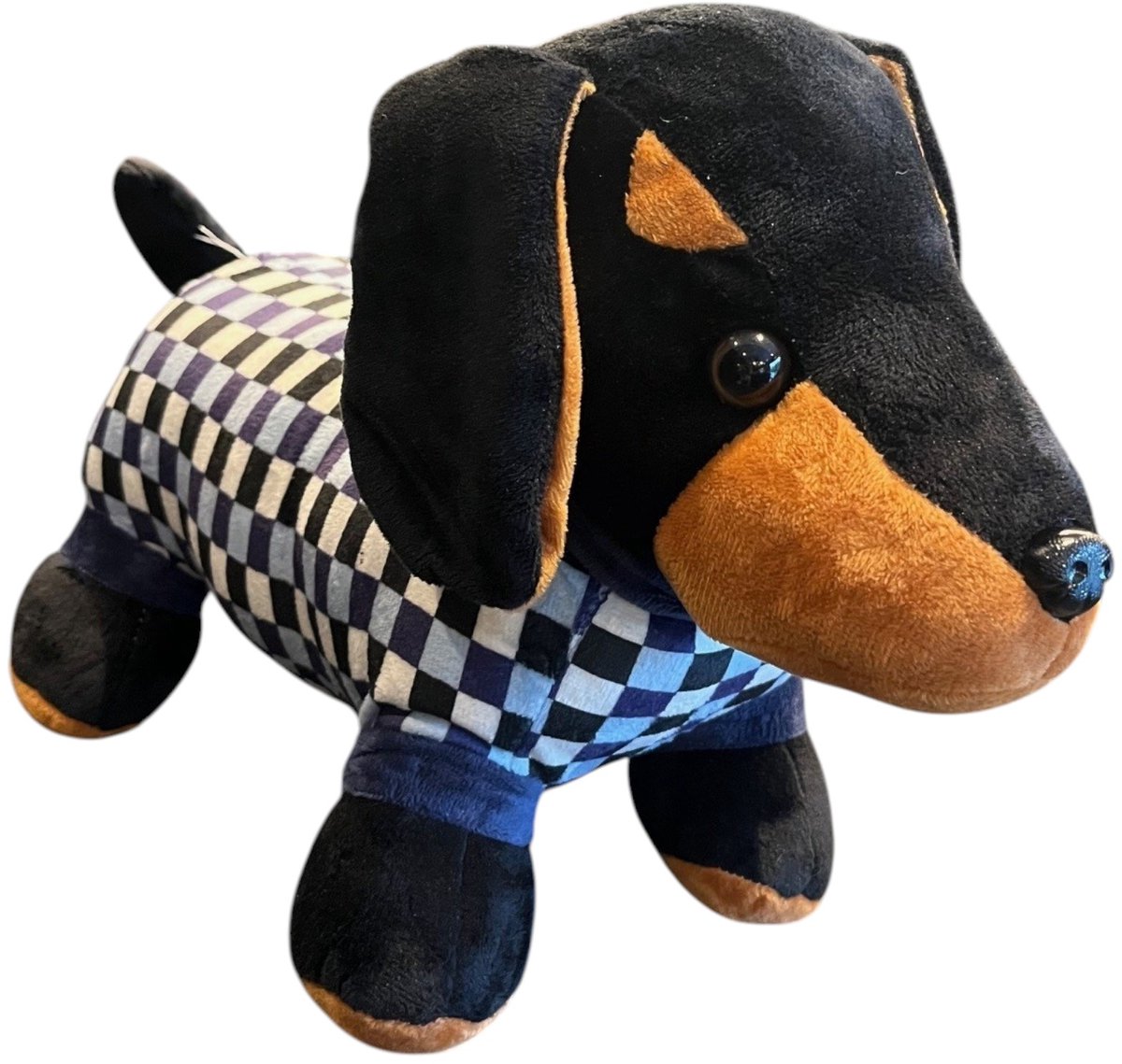 Teckel - Teckelknuffel - Knuffel - Pluche - Pluche hond - Hond - Zwart - Geruit - Teckel pyjama - Knuffeldier - Teckel knuffel - Pluche teckel - 40x26 cm - Zwart teckel