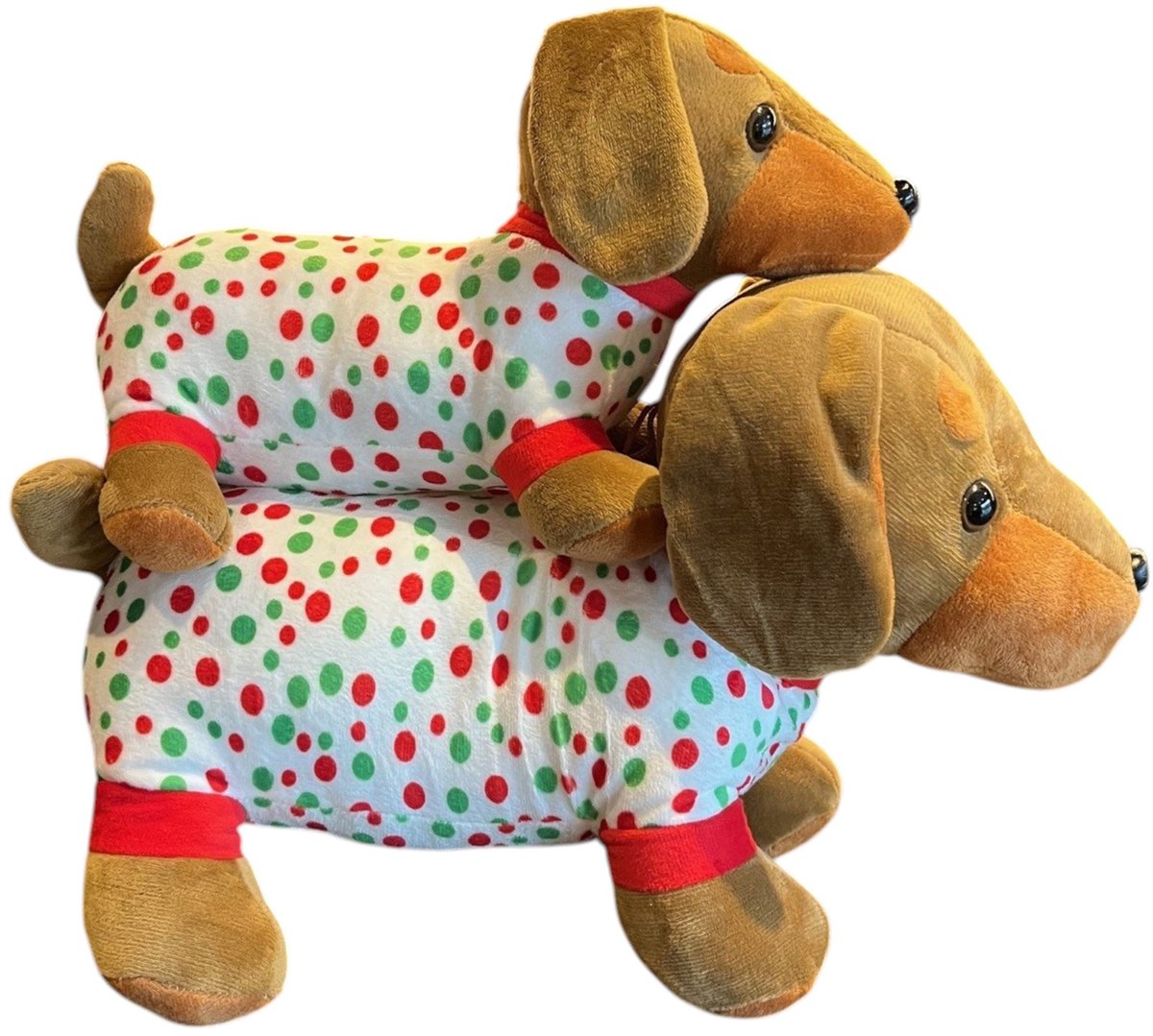 Teckel - set teckelknuffel groot (40x26cm) en klein (30x17cm) - Knuffel - Pluche - Pluche hond - Hond - Bruin - Rood - Wit - Teckel pyjama - Knuffeldier - Teckel knuffel - Pluche teckel