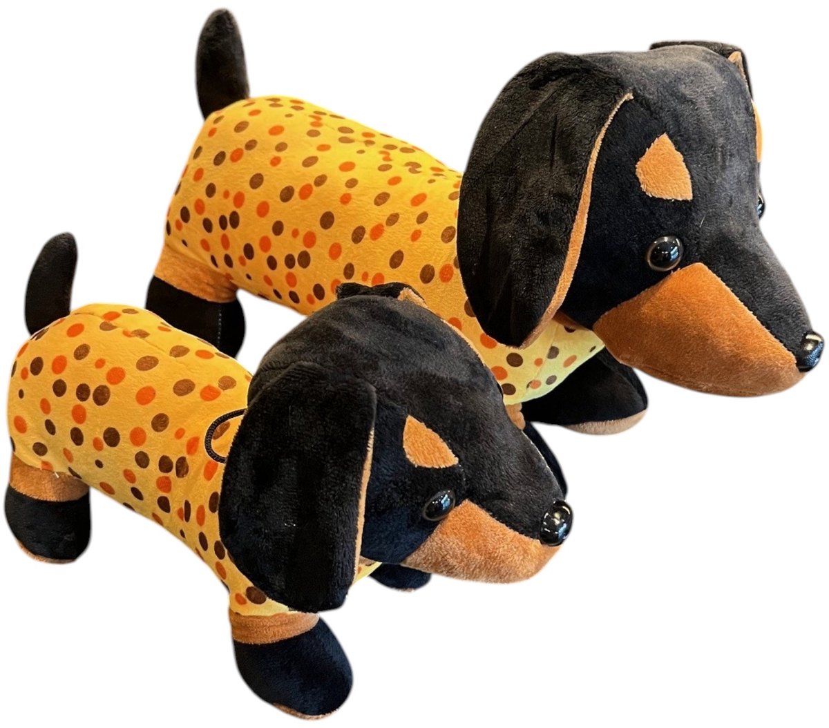 Teckel - set teckelknuffels groot (40x26cm) en klein (30x17cm) - Knuffel - Pluche - Pluche hond - Hond - Zwart - Geel - Teckel pyjama - Knuffeldier - Teckel knuffel - Pluche teckel