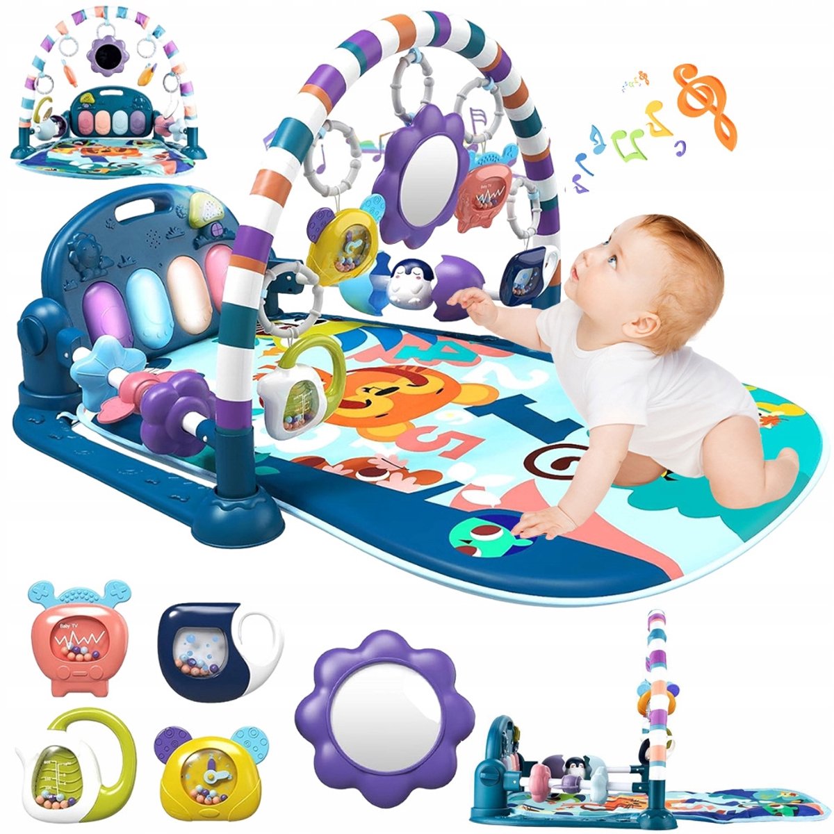 Baby Gym - Baby kruipmat - Speelmat Activiteitencentrum - Met Geluid & Licht - Trap Piano - Opbergspeeltjes & Spiegel - In hoogte verstelbaar - Voor Babys 0m+ & Zuigelingen