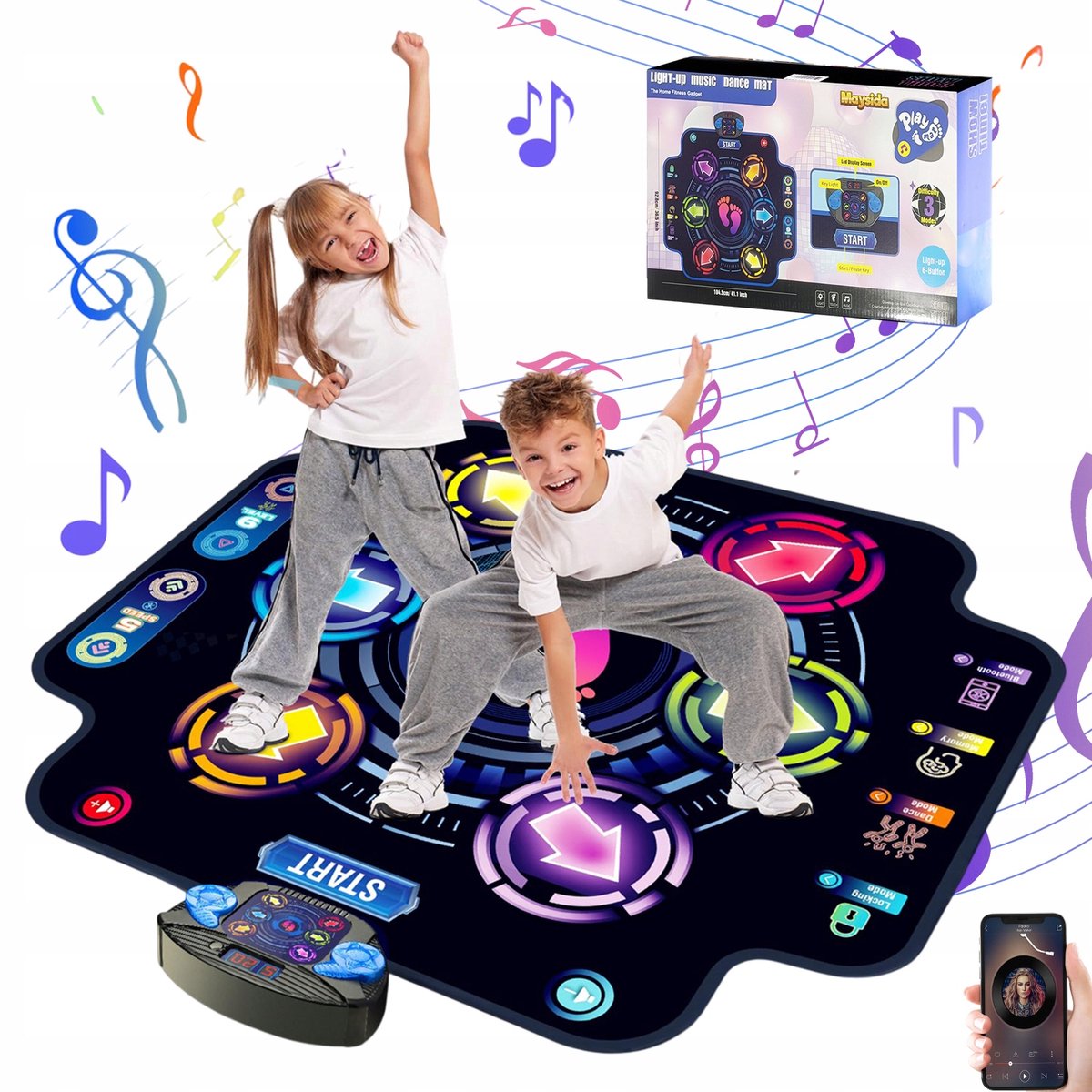 Kids Dansmat - met 9 verschillende moeilijkheidsniveaus - 5 snelheidsmodi - LED-score-indicator - Bluetooth-functie - 104*100cm - Zwart