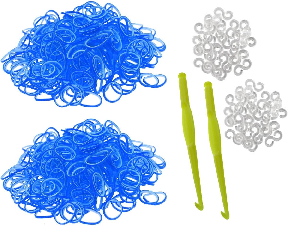 600 Loom elastiekjes, loombandjes licht blauw   wit  met weefhaken en S-clips