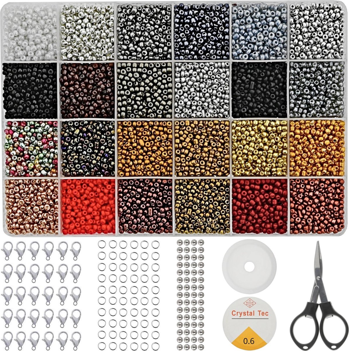 Behave 12000 Glaskralen Set - Luxe Kleuren - Kralen Set - Rocailles - 30 Karabijnhaken - 60 Knijpkralen - 60 Springringen - 2 Draden - Schaar - 24 Kleuren - 3mm