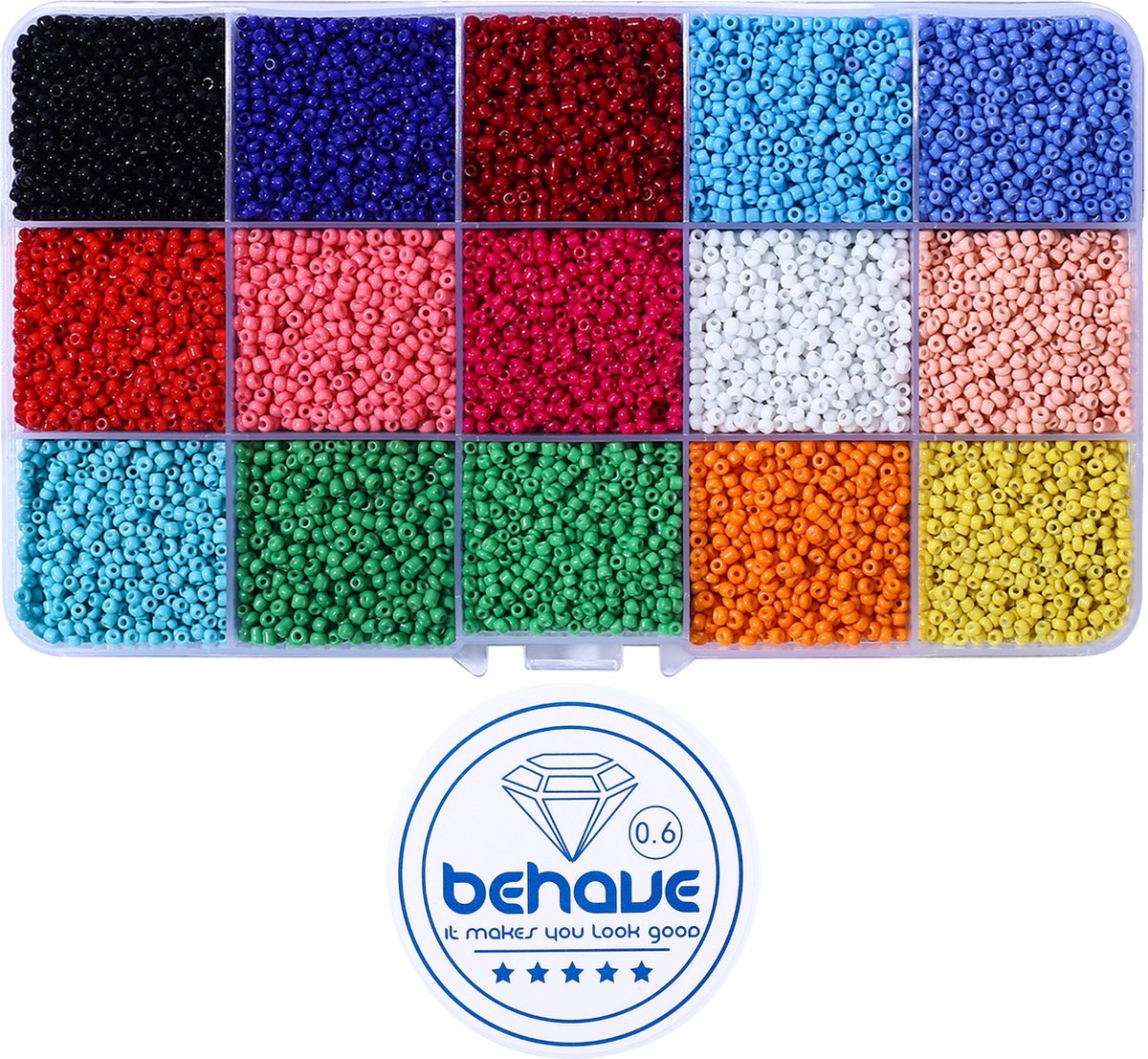 Behave 15000 Glaskralen Set - DIY Sieraden maken - Kralen Set - Rocailles - Bedels - Rijgdraad - 15 Kleuren - 2mm